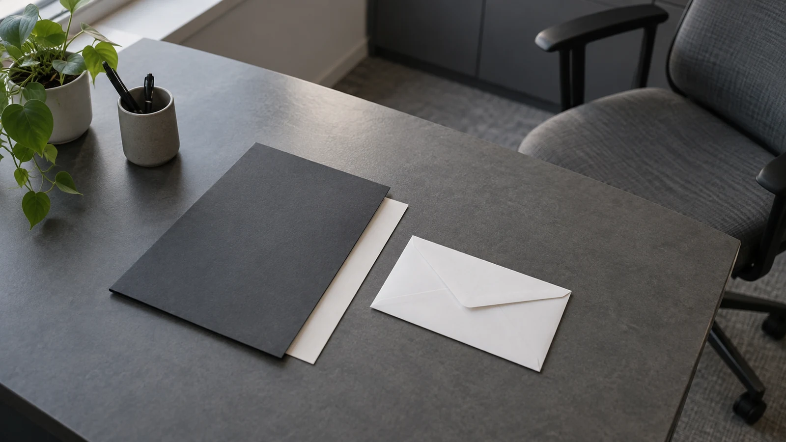 An unoccupied office desk with a closed unbranded charcoal document folder, a plain sealed envelope and a blank sheet of paper resting beside it, with an empty chair pushed back at the edge of the frame. The orderly, calm scene suggests an account processed after an employee has left, without any person present. No names, logos, balances, dates, account numbers or other readable information appear.