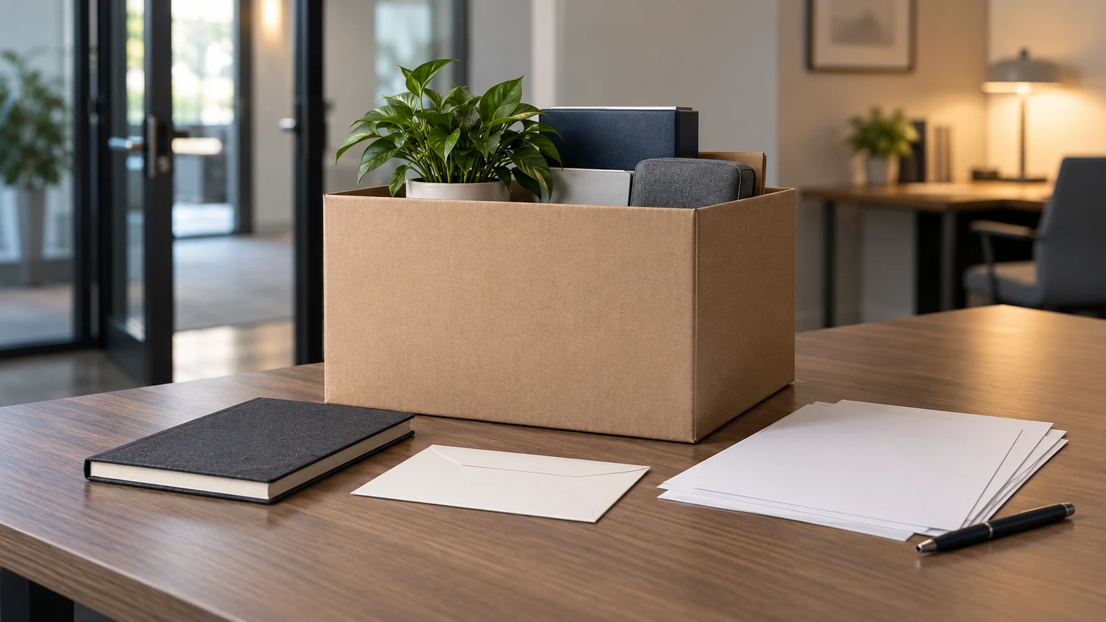 Photorealistic editorial photograph of an employee-departure desk in a quiet modern office. A plain cardboard personal-effects box holds a green plant and unmarked notebooks beside a blank envelope, blank retirement-plan paperwork, and a dark pen. An open glass door suggests leaving the workplace, while a softly lit desk in the background suggests the shift from payroll administration to handling plan questions personally. The image is decorative rather than evidence.