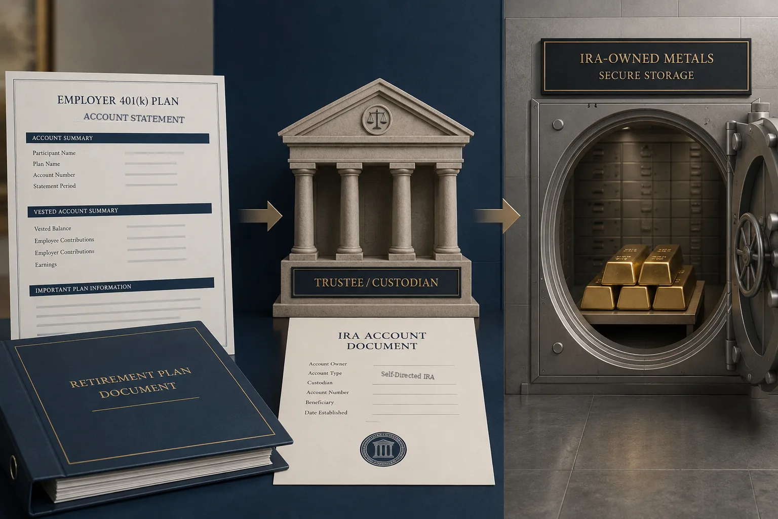 Neutral retirement-research illustration arranged left to right. An employer 401(k) account statement and a bound retirement plan document sit on the left, a classical trustee and custodian building with a blank self-directed IRA account form stands in the centre, and an institutional vault holding gold bars behind its open door sits on the right. The directional path ends at the IRA custody structure with the metal held inside it, separating plan eligibility from account administration and from storage. No company, price, return or tax figure appears.