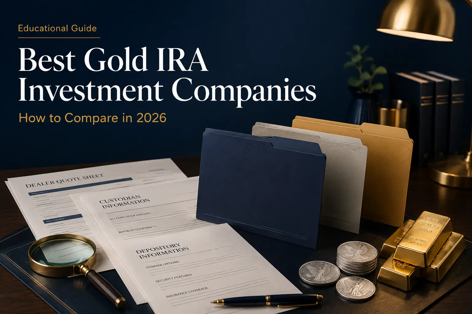 Best Gold IRA investment companies: how to compare in 2026 — unbranded company folders, dealer quotes, custodian and depository documents, and a magnifying glass