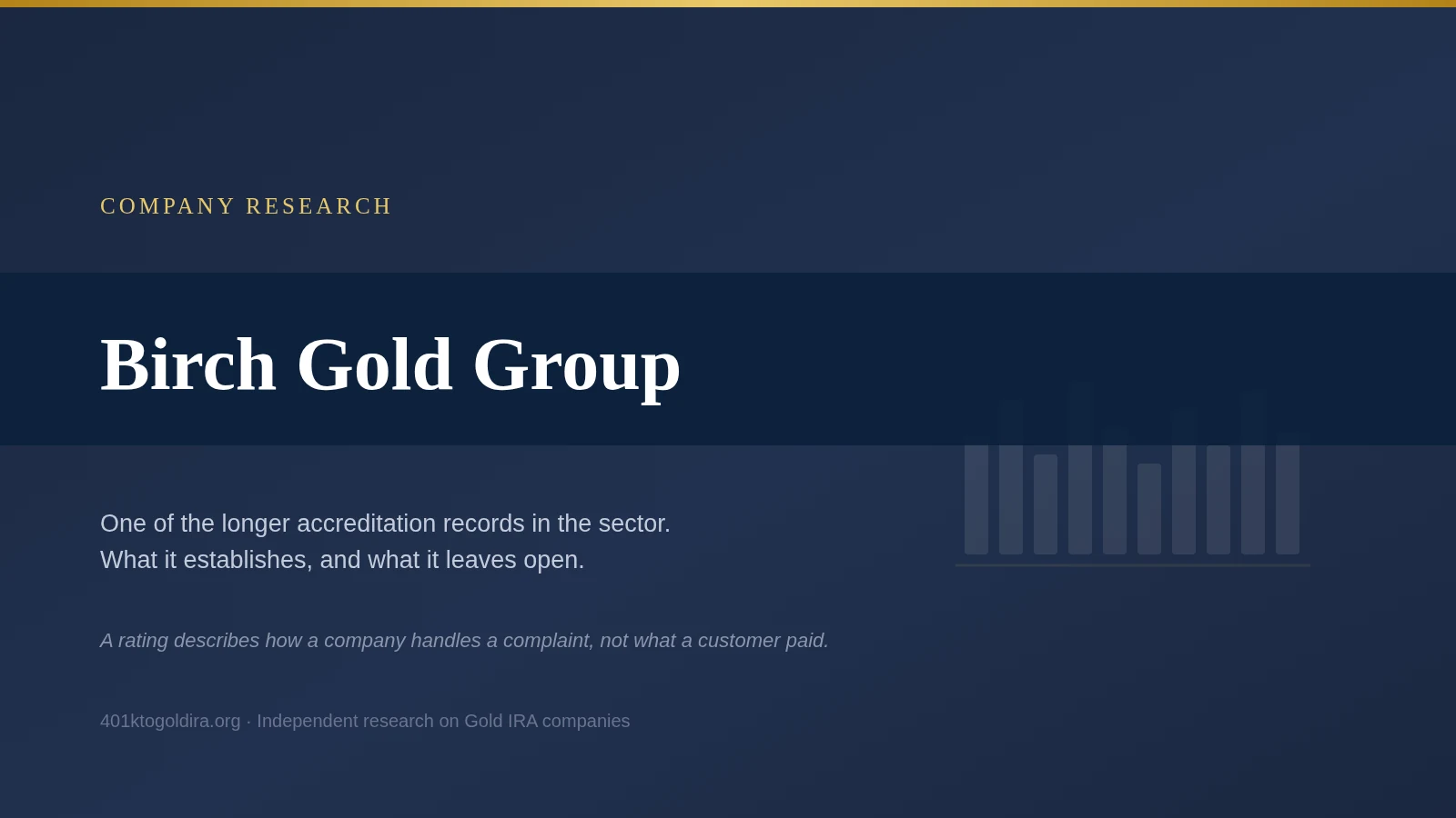 Birch Gold Group company research: an illustration of a long continuous business record shown as a series of yearly markers along a timeline, representing more than a decade of continuous accreditation, set against the observation that a complaint rating describes how a company handles a customer who complains rather than what that customer paid for their metal