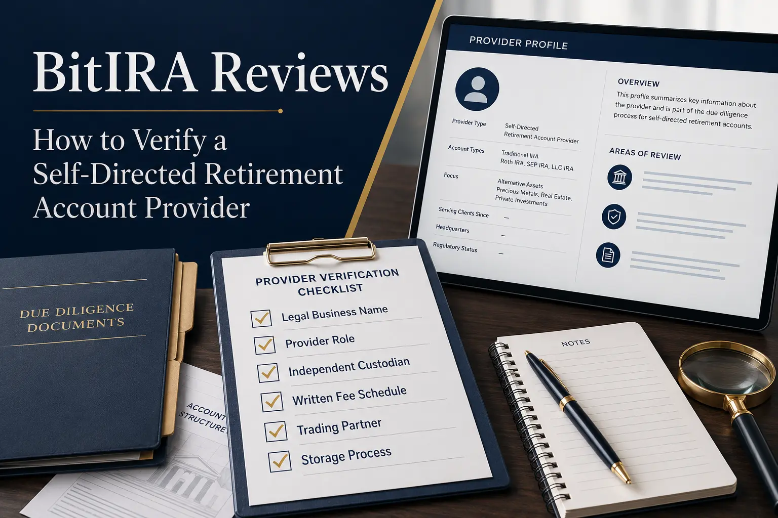 BitIRA reviews: how to verify a self-directed retirement account provider — a provider profile under review beside a verification checklist
