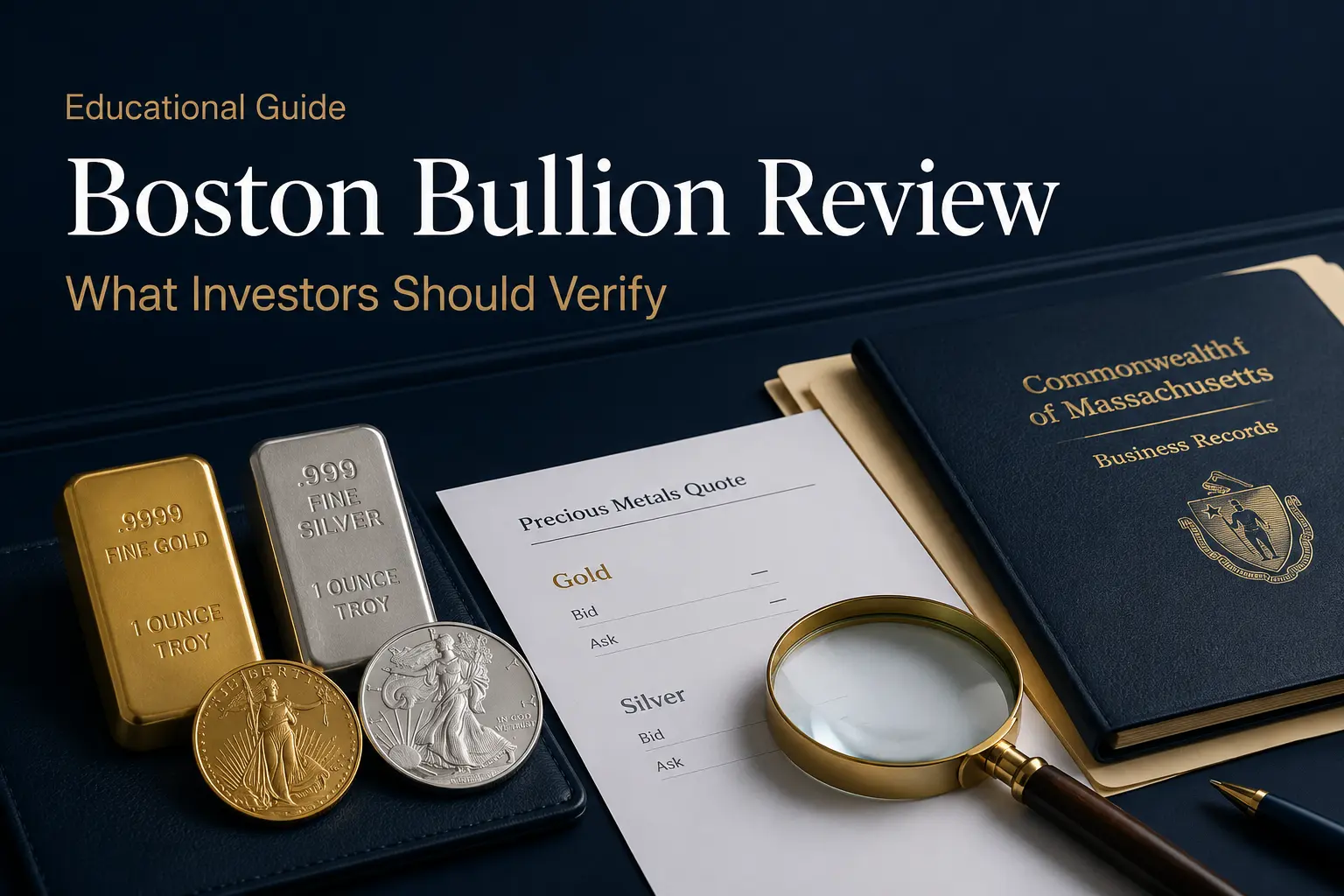 Boston Bullion review: what investors should verify — gold and silver bullion, a precious-metals quote, a Massachusetts business-record folder, and a magnifying glass