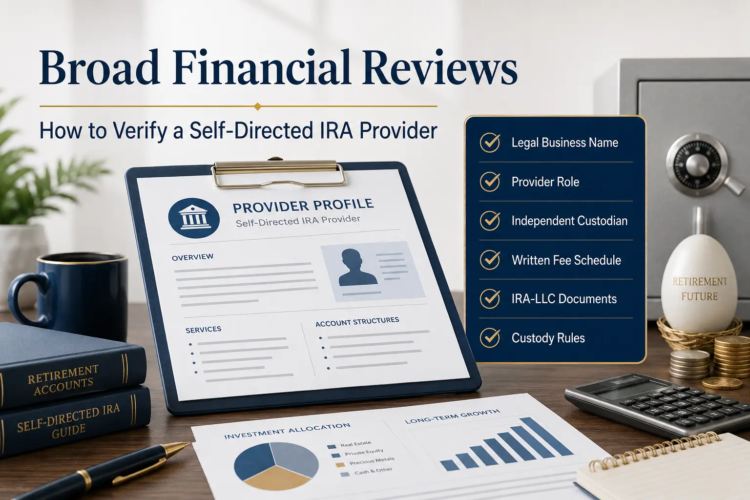 Broad Financial reviews: how to verify a self-directed IRA provider — a provider profile under review beside a verification checklist