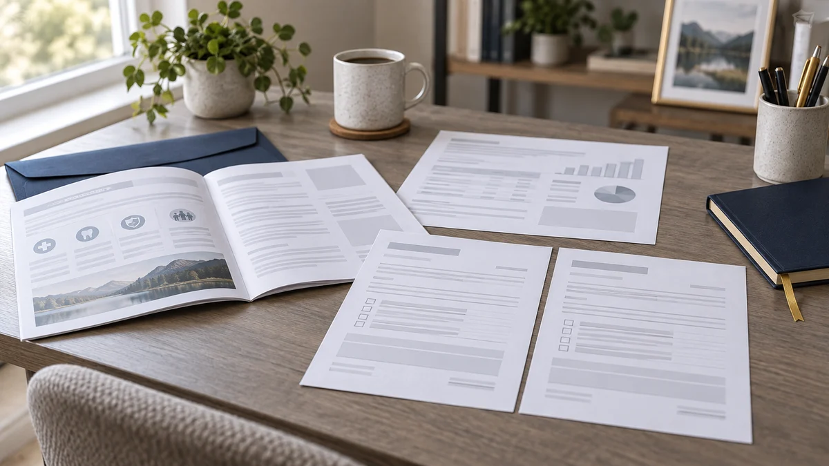 A calm home-office table holds a pension benefit election packet, a retirement statement and two blank election forms arranged side by side. A desk diary at the edge of the frame suggests that the decision may carry an election window. The papers contain no readable names, figures or logos, and the scene uses neutral daylight with restrained grey, navy, white and muted-gold tones.