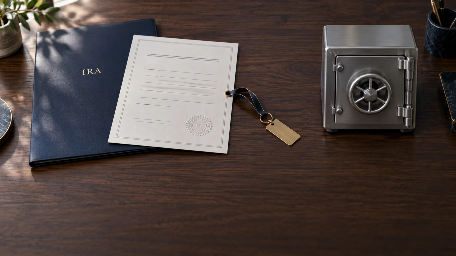 An editorial still life separating three roles in a checkbook-control IRA LLC. A closed navy folder labeled IRA represents the retirement account. An unbranded LLC formation document with a blank corporate seal sits beside it, connected by a ribbon to a small brass key tag representing delegated signing authority. A separate stainless-steel vault sits apart from both, representing the custody arrangement precious metals must remain within. No company names, prices, or dates appear.