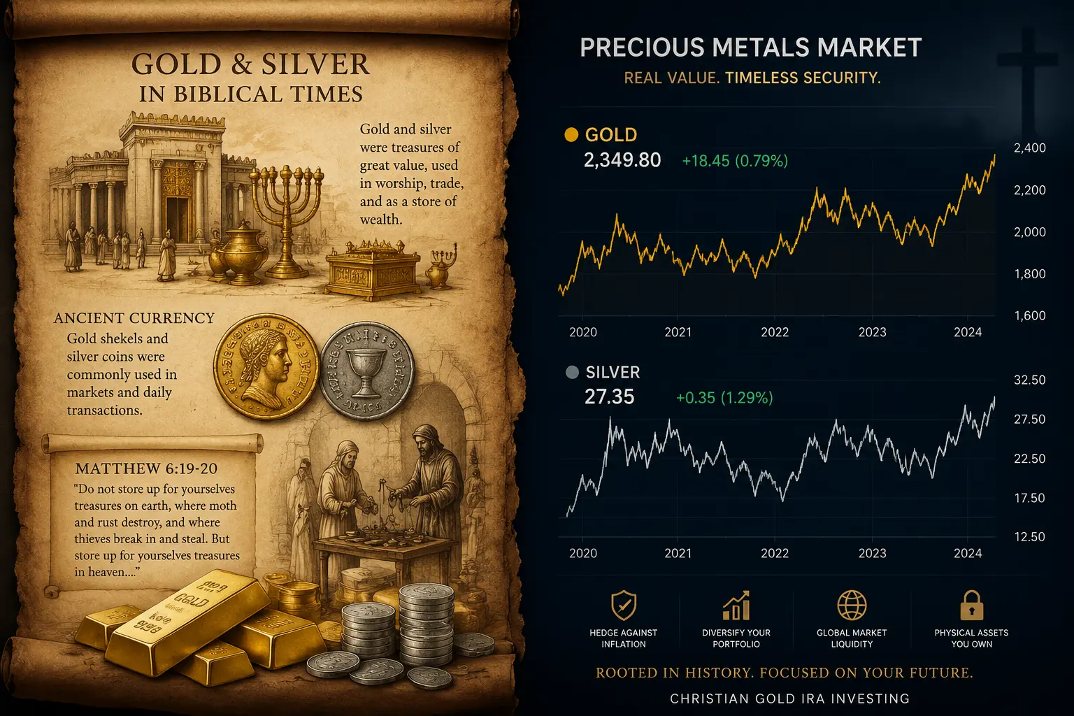 Gold and silver in biblical times: temple furnishings, ancient shekels and coins, and Matthew 6:19-20 on storing treasure — historical context, not investment advice