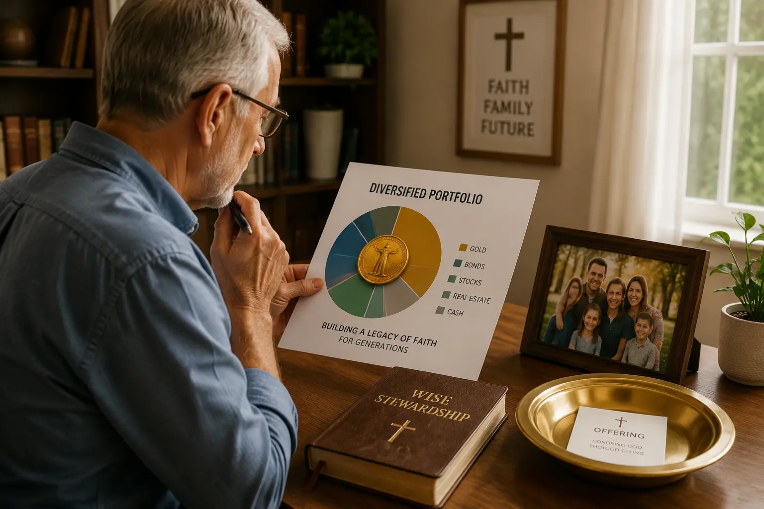 A diversified portfolio pie chart with gold, bonds, stocks, real estate, and cash slices — a modest metals allocation within a values-based retirement plan