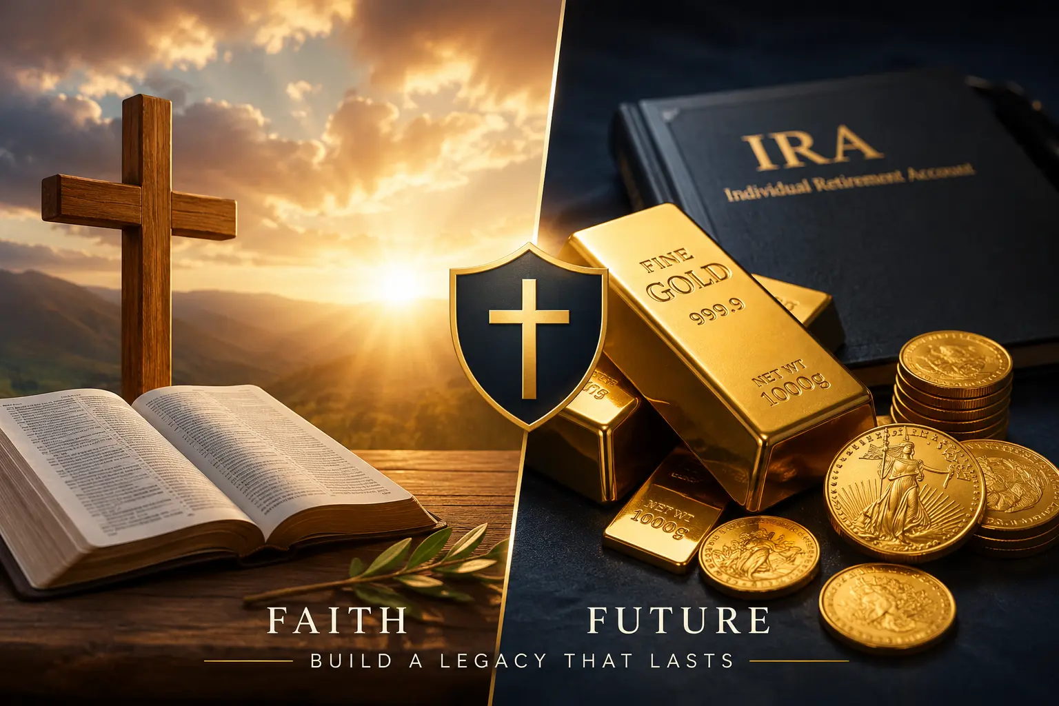 Christian gold IRA investing: faith and future — an open Bible and cross beside gold bars and IRA documents, building a legacy that lasts