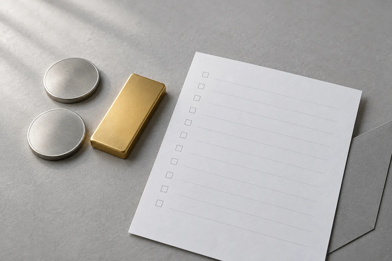 Two plain unmarked silver-coloured metal discs and a smooth unengraved gold-coloured bar rest on a neutral grey surface beside a blank checklist sheet with empty tick boxes down its left edge and a closed grey folder beneath one corner. Nothing in the frame carries text, branding, mint markings or prices, illustrating a buyer checking a dealer against written records rather than depicting any actual product.