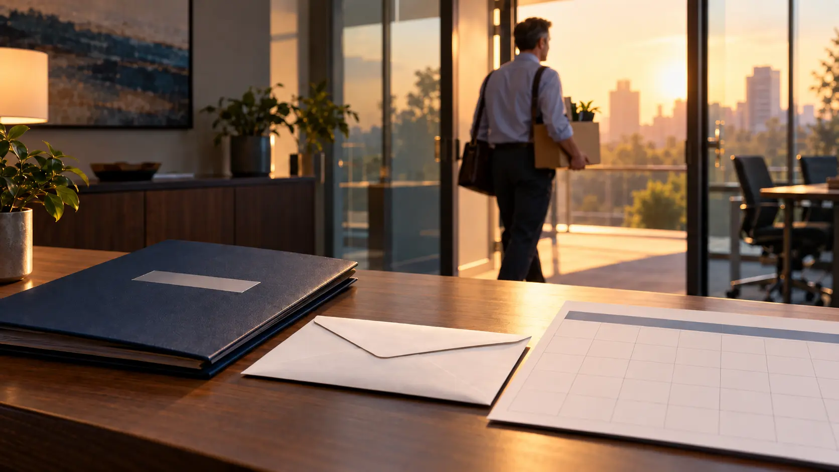A polished wooden desk in a warmly lit office at sunset. A dark navy document folder, a plain sealed white envelope and a blank ruled form lie on the surface, none of them carrying readable text. Through the glass wall behind, a man in a shirt carries a shoulder bag and a cardboard box of belongings as he walks out past an empty meeting table, with a city skyline beyond.