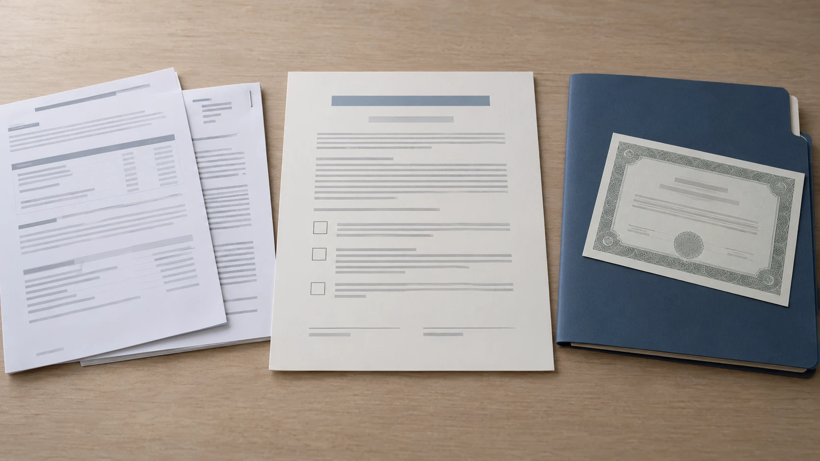 An unbranded employee stock ownership plan statement and a multi-page distribution election packet lie on the left of a plain desk. A single decision document sits in the centre. A closed individual retirement account folder rests on the right. Employer shares appear only as a generic unmarked certificate, without any company name, ticker or logo. No personal details, account numbers or financial amounts are legible anywhere in the scene.