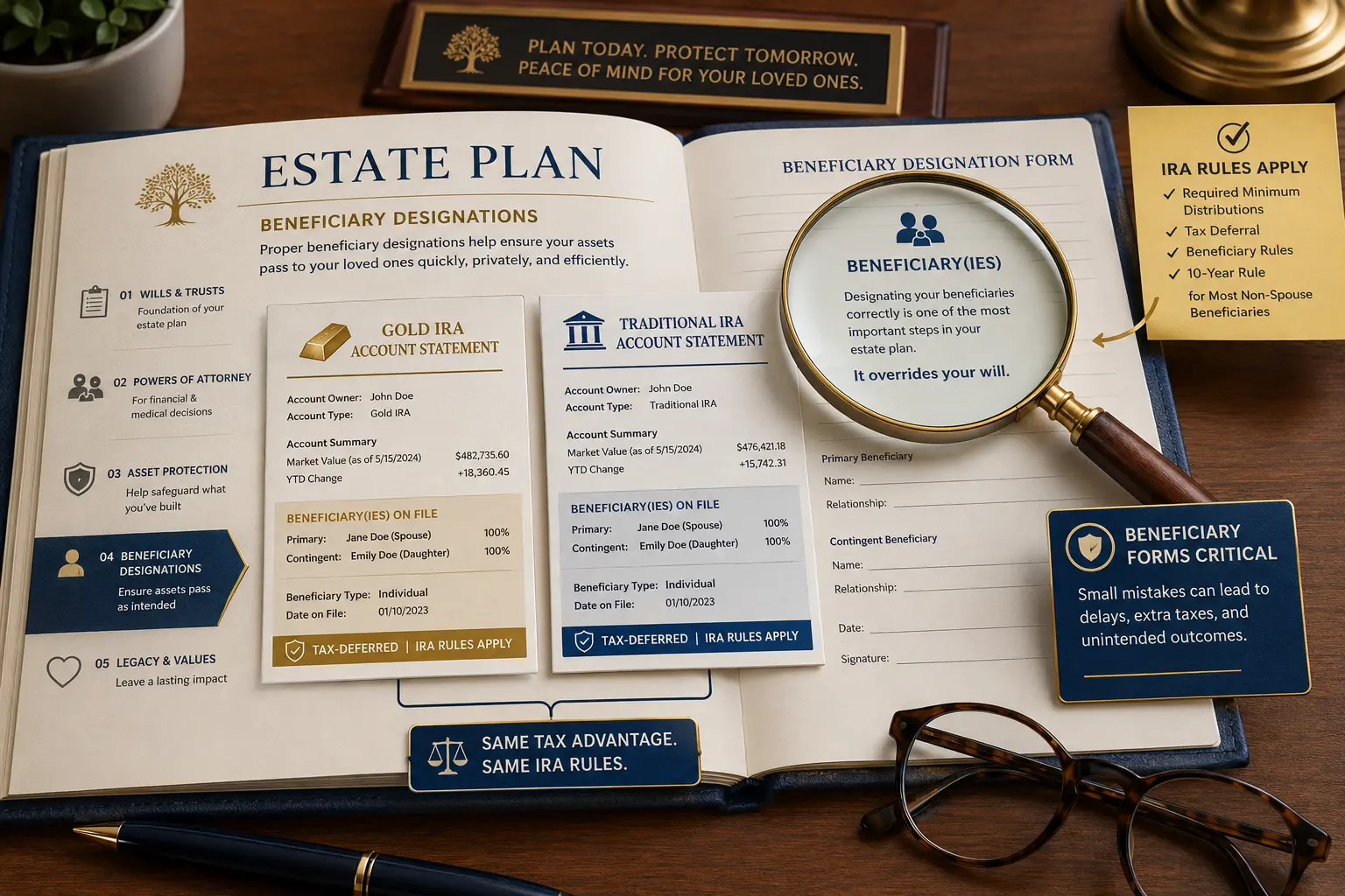 An estate plan document showing beneficiary designations for a Gold IRA and a traditional IRA — same tax advantage, same IRA rules