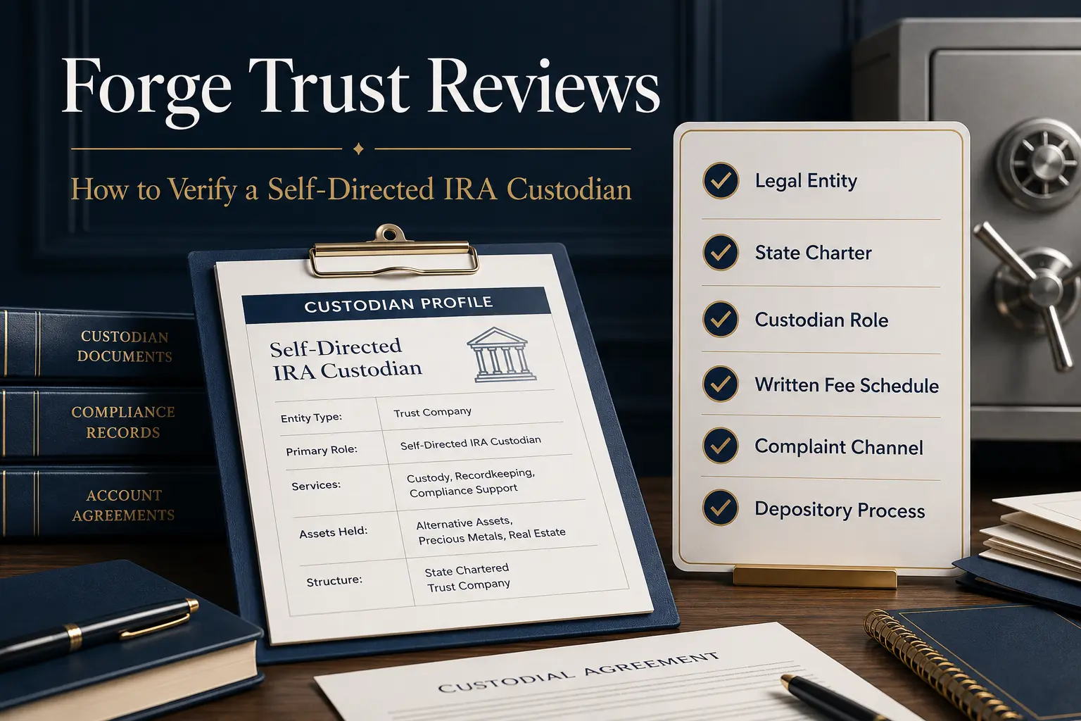Forge Trust reviews: how to verify a self-directed IRA custodian — a custodian profile under review beside a verification checklist