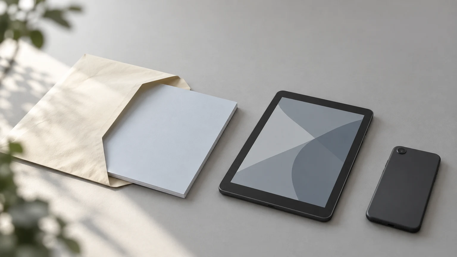 Unbranded information booklet, open envelope, tablet and phone on a desk