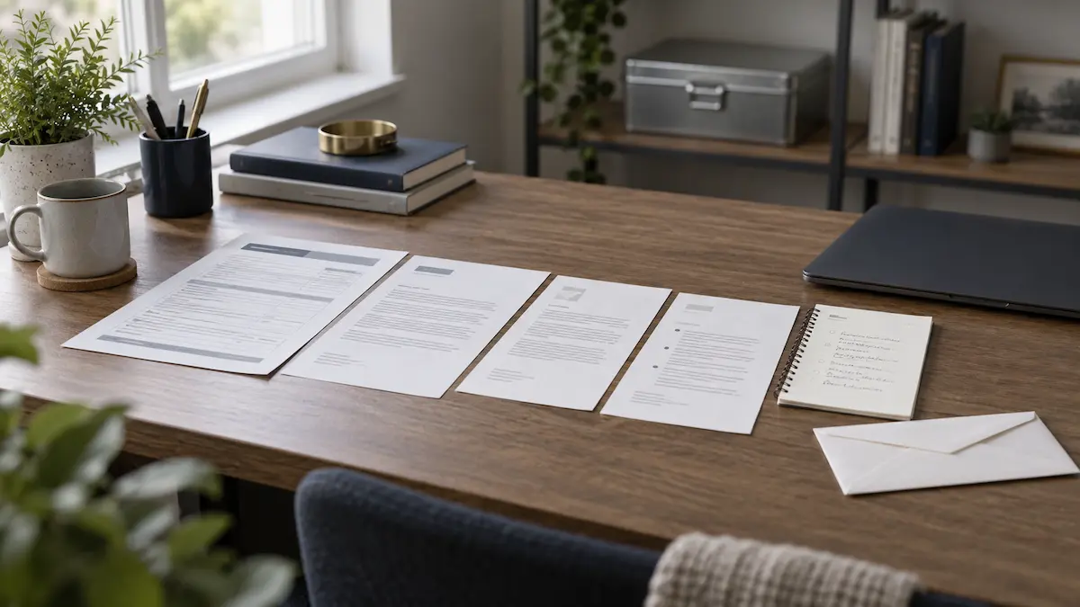 A documentary-style desk scene showing an organized paper trail for an IRA transfer request, including correspondence and account documents with no readable personal information. A single unopened envelope sits apart from the sequence, signalling a request that has gone unanswered. Behind the paperwork, an unbranded secure-storage container suggests precious-metal assets that remain untouched while the request is unresolved. The image uses calm neutral lighting and avoids courtroom symbols, company logos, prices or rates.