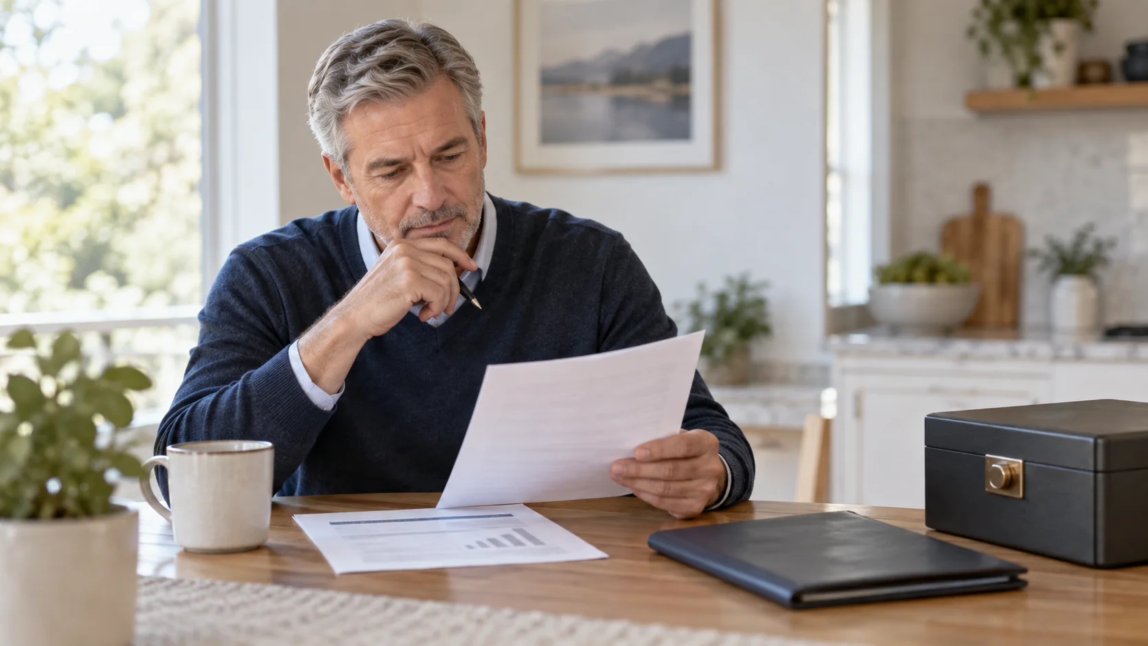 A late-middle-aged retirement saver sits at a kitchen table reviewing a retirement account statement and a plain withdrawal document beside a closed case connected to precious-metals storage. Soft daylight and an uncluttered setting make the scene feel careful rather than alarming. The image shows the decision point behind an early Gold IRA withdrawal: retirement assets are available, but taking control of money or metal can have tax consequences that should be understood first.