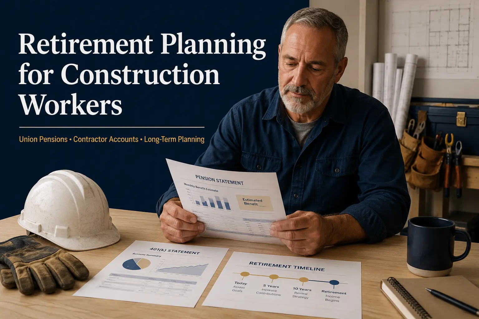 An experienced construction worker at a jobsite-office table reviewing a pension statement, a 401(k) statement, and a retirement timeline, with a hard hat, work gloves, and rolled plans nearby