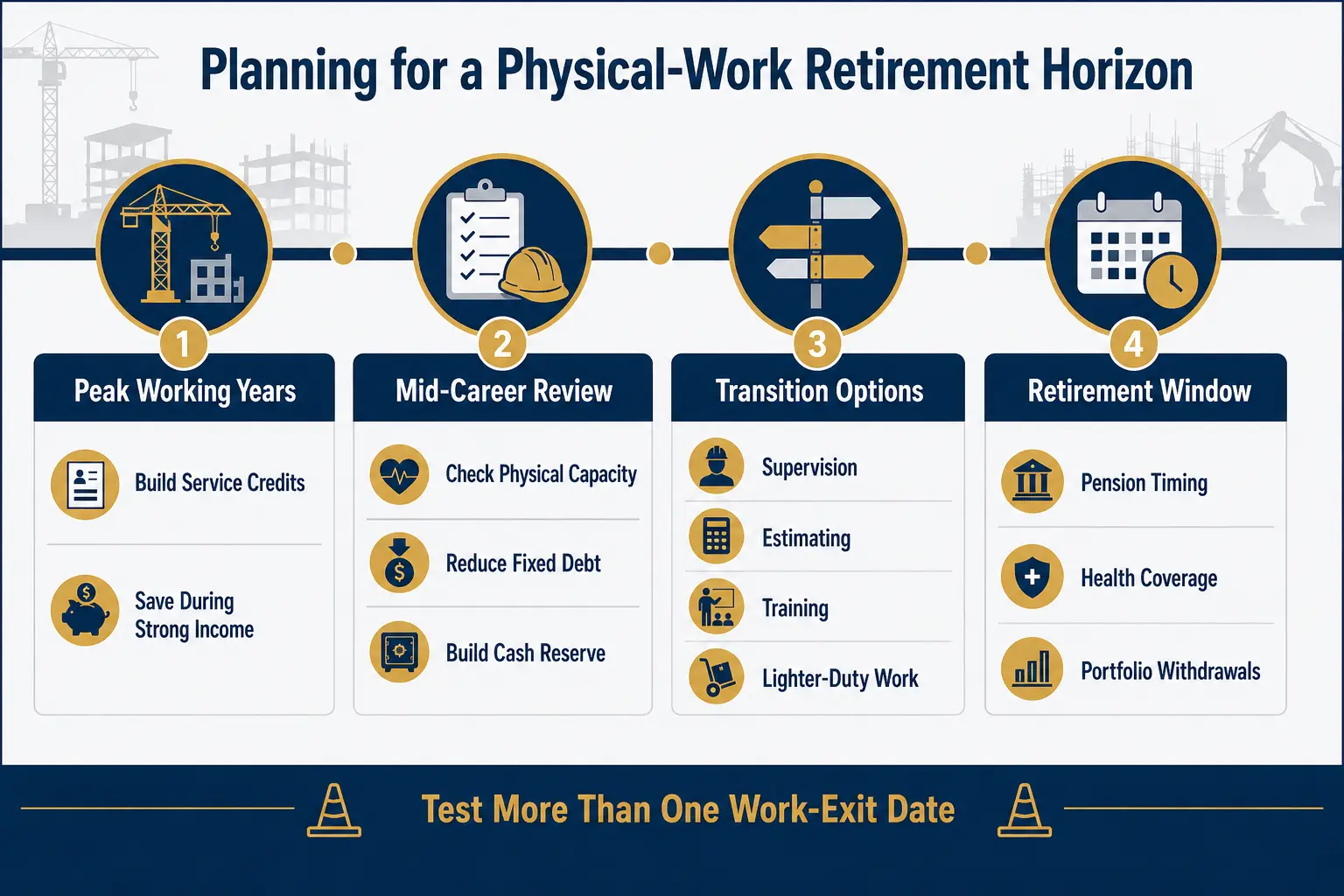 Timeline of planning for a physical-work retirement horizon: stage 1 peak working years (build service credits, save during strong income), stage 2 mid-career review (check physical capacity, reduce fixed debt, build cash reserve), stage 3 transition options (supervision, estimating, training, lighter-duty work), stage 4 retirement window (pension timing, health coverage, portfolio withdrawals); footer test more than one work-exit date