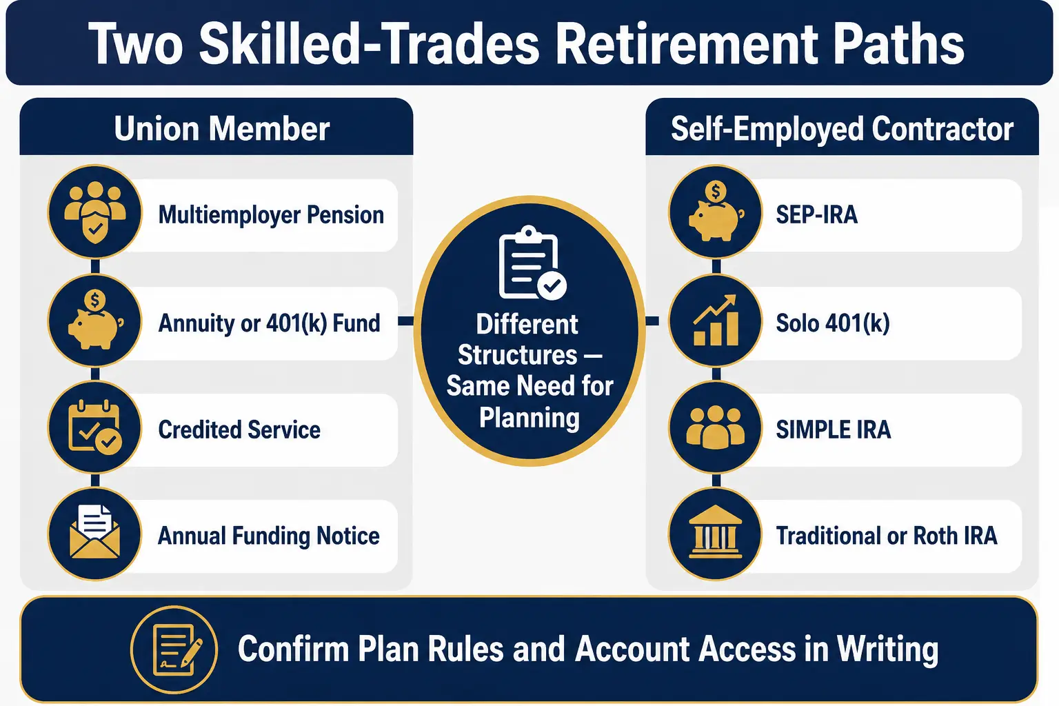 Two skilled-trades retirement paths: a union member has a multiemployer pension, an annuity or 401(k) fund, credited service, and an annual funding notice; a self-employed contractor uses a SEP-IRA, Solo 401(k), SIMPLE IRA, or traditional or Roth IRA; center note different structures, same need for planning; footer confirm plan rules and account access in writing