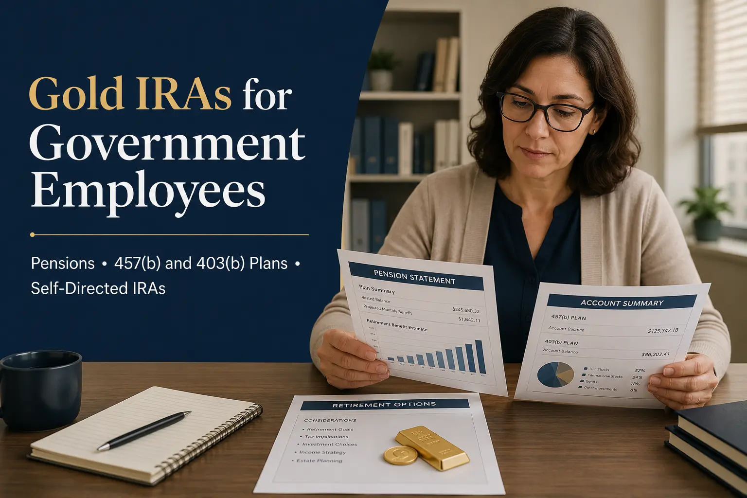 A public-sector employee reviewing a pension statement, a 457(b) and 403(b) account summary, and a retirement-options sheet at a desk, with a small amount of gold shown in the paperwork