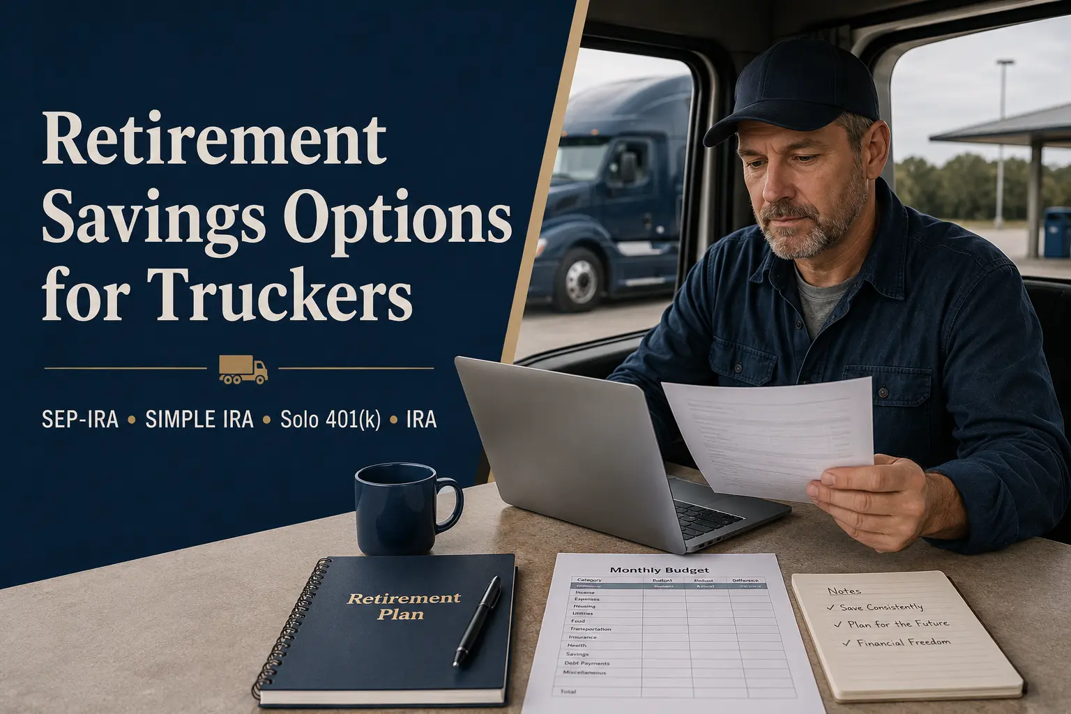 A professional truck driver at a rest-stop table reviewing retirement paperwork on a laptop, with a notebook labeled Retirement Plan, a monthly budget, and a truck visible outside