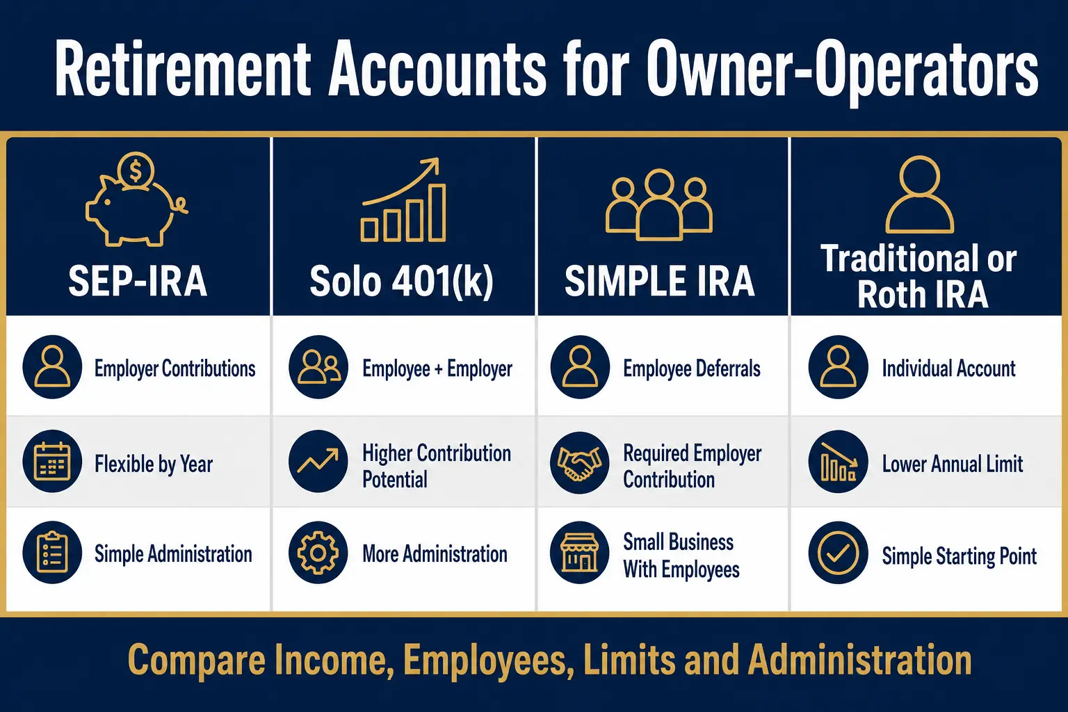 Flow diagram of retirement saving with variable trucking income: step 1 gross settlement, step 2 operating costs (fuel, insurance, repairs, truck payment), step 3 tax and maintenance reserves, step 4 retirement contribution (monthly minimum, percentage of net income, year-end true-up); footer base contributions on net business cash flow