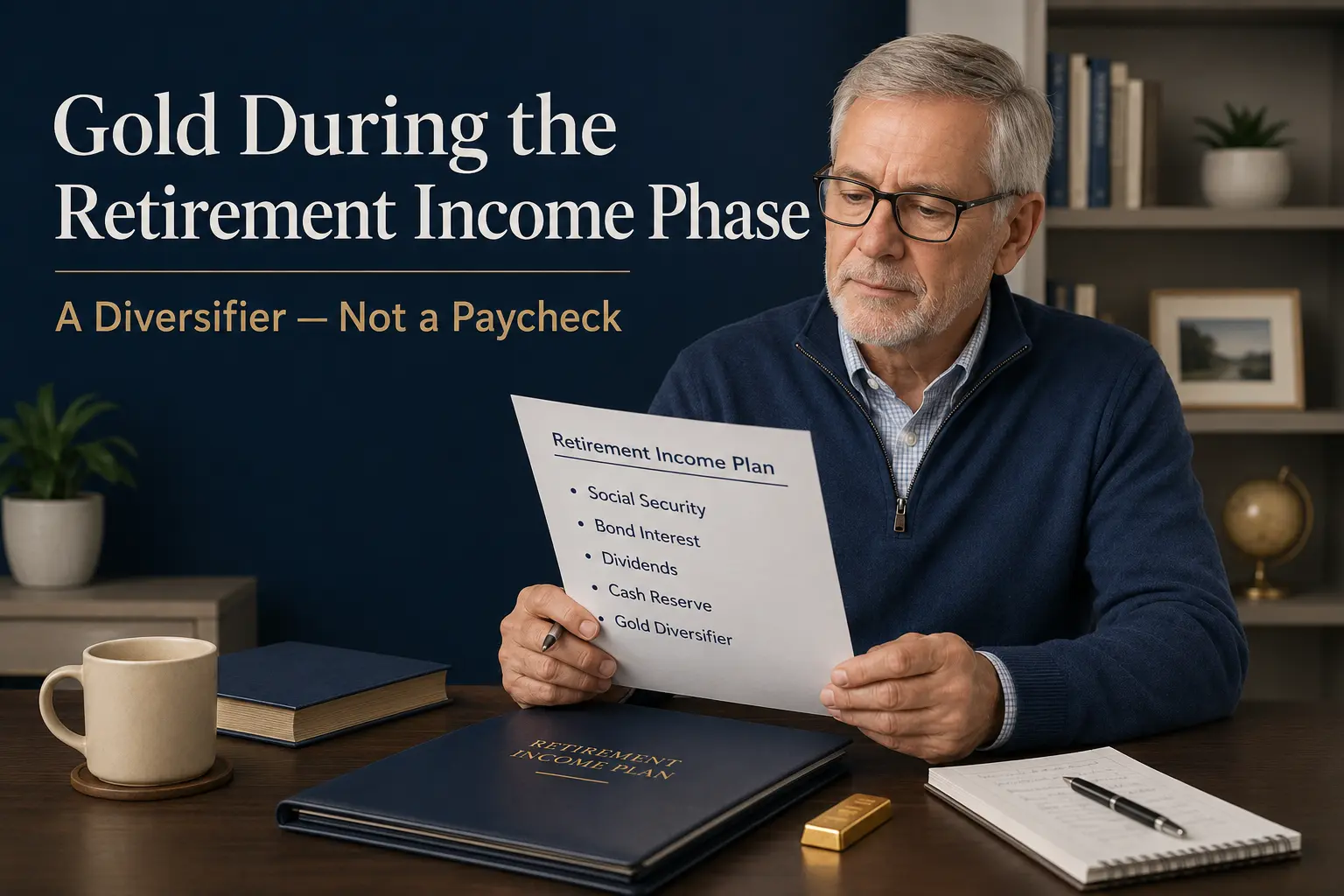 A retiree at a home-office desk reviewing a written retirement income plan listing Social Security, bond interest, dividends, cash reserve, and a gold diversifier, with one small gold bar beside the portfolio folder