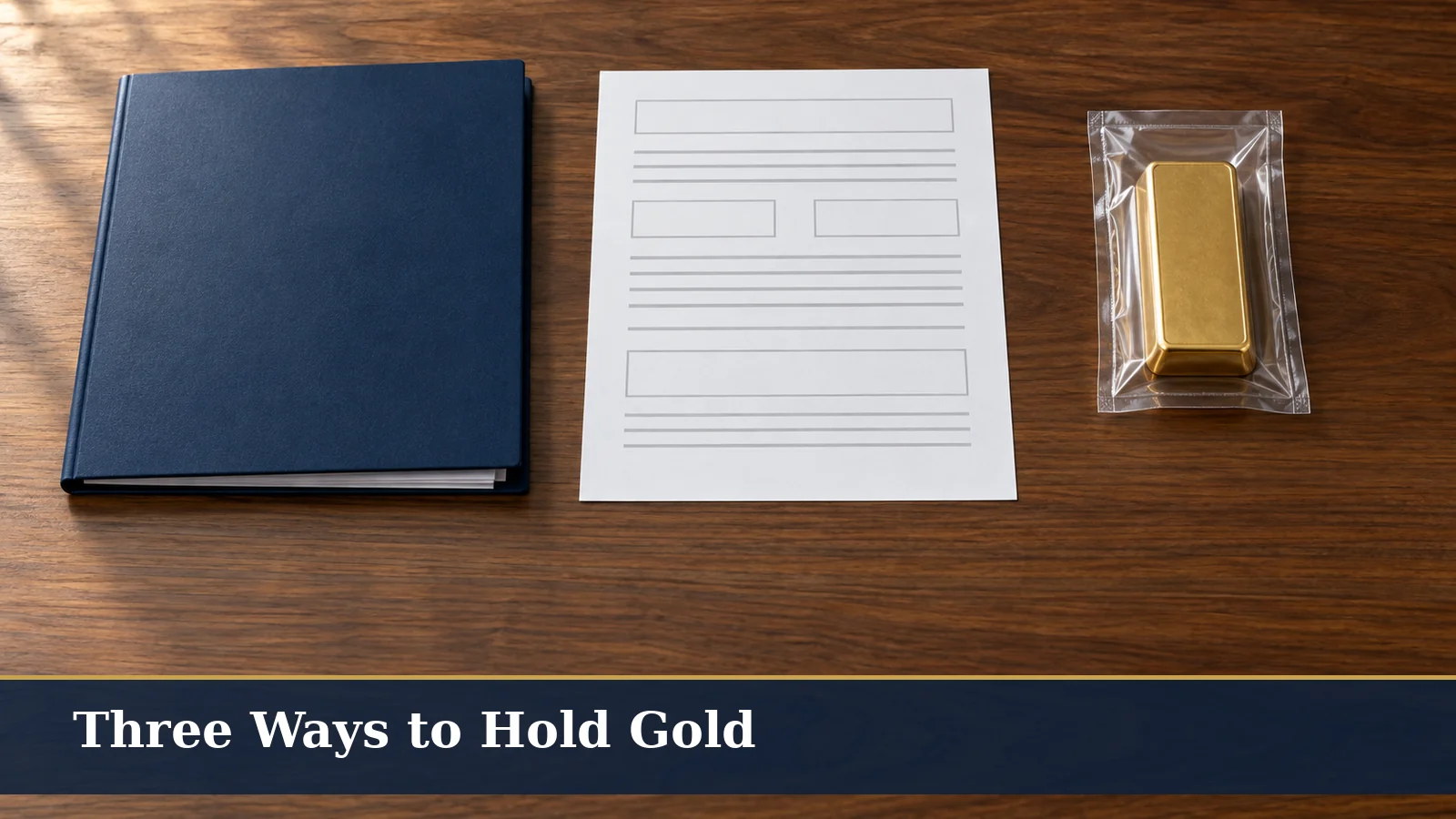 A wide editorial desk scene compares three forms of gold exposure without ranking them. An unbranded retirement-account folder represents bullion held inside an IRA, a plain fund statement represents exchange-traded gold shares, and a small sealed bullion package sits separately to represent personally held physical gold. The documents contain no readable names, prices or account data. Soft natural light and restrained navy and gold accents keep the image factual and non-promotional.