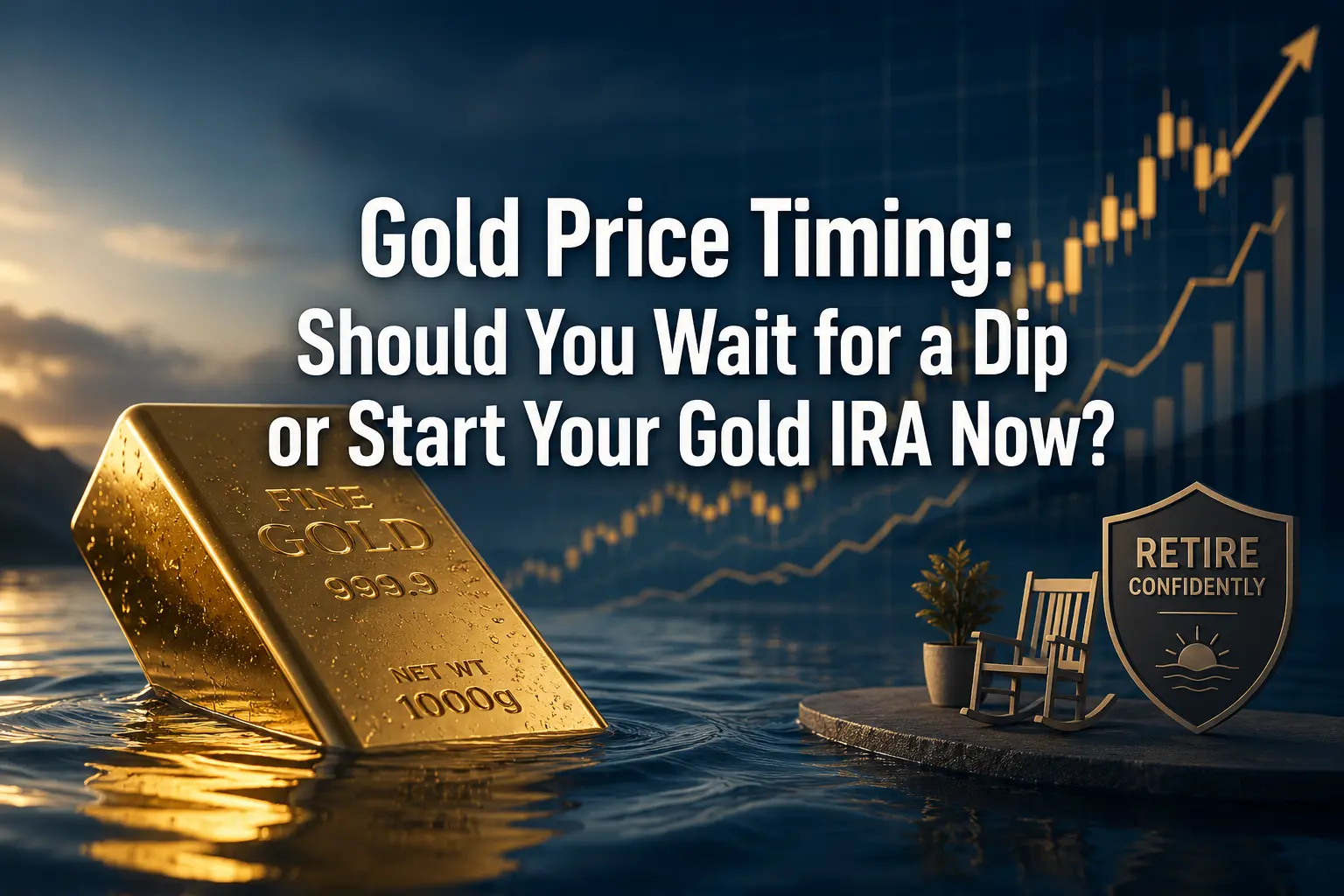 Gold price timing visual with gold bar, retirement imagery, and market chart