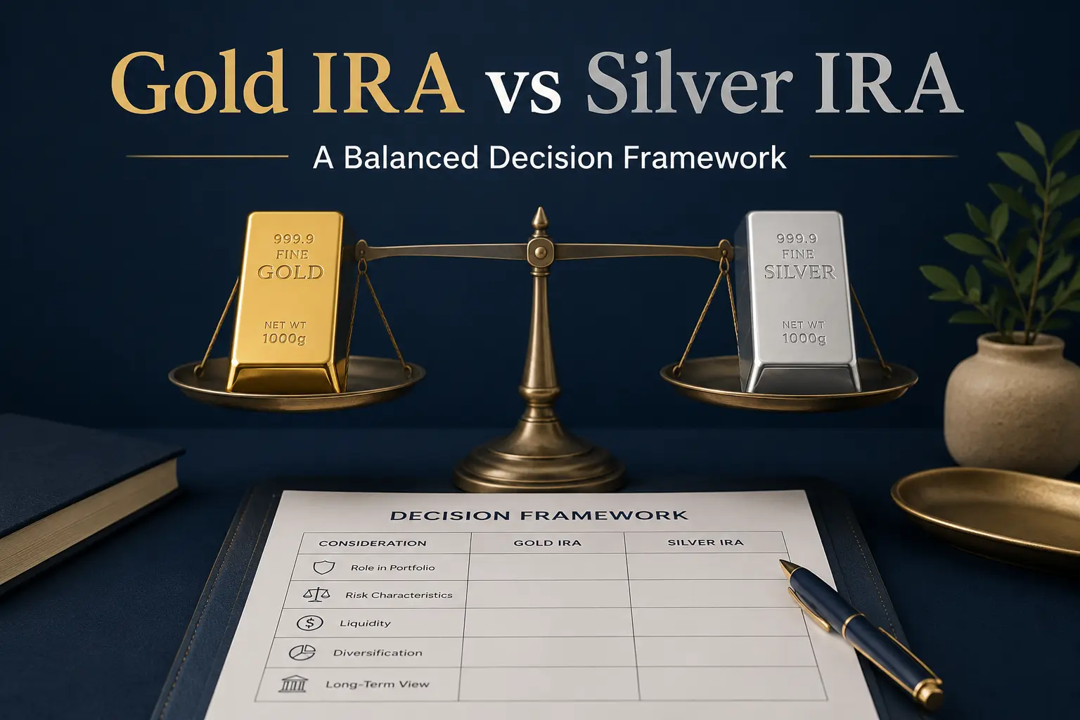 Gold IRA vs Silver IRA: a gold bar and a silver bar on opposite sides of a balanced scale with a decision worksheet, communicating comparison rather than a declared winner