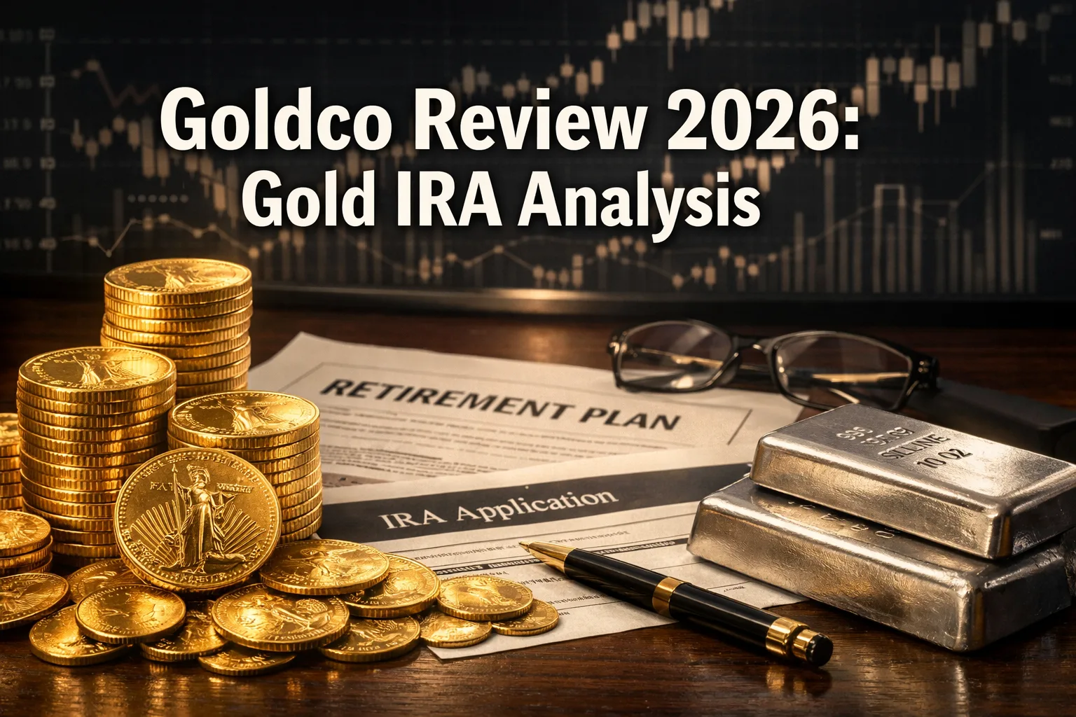 Goldco Review 2026 — Gold IRA Analysis hero image showing gold coins, retirement plan documents and silver bars