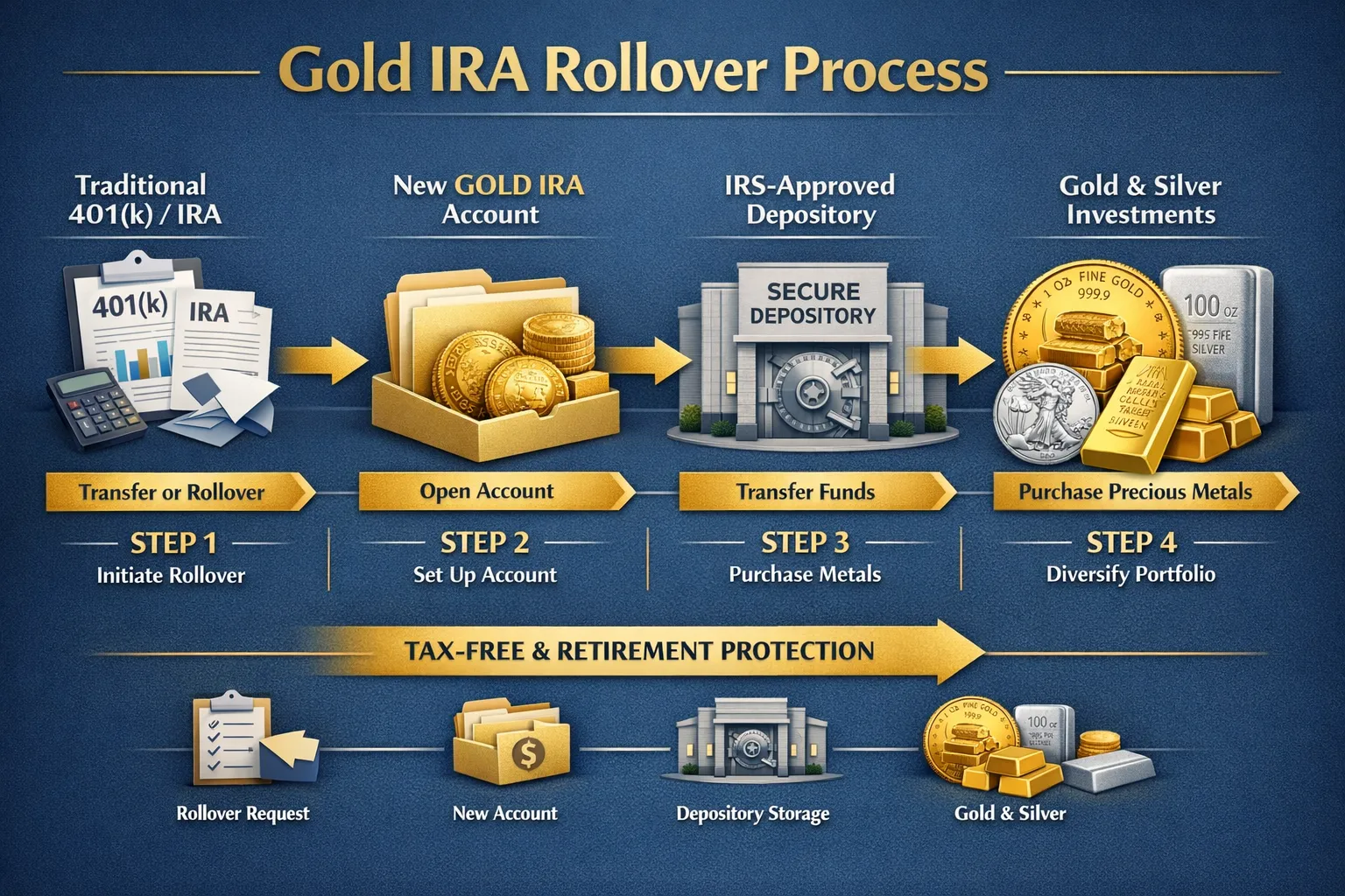 Gold IRA Rollover Process — four-step flow showing transfer or rollover from traditional 401(k) or IRA, opening a new Gold IRA account, transferring funds to an IRS-approved depository, and purchasing precious metals