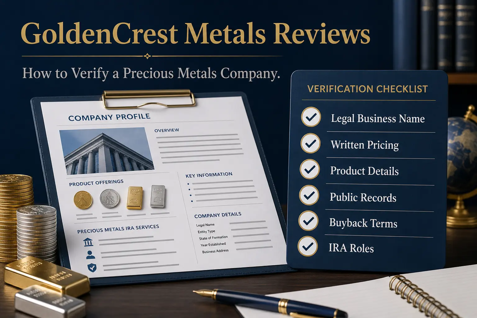 GoldenCrest Metals reviews: how to verify a precious metals company — a company profile under review beside a verification checklist