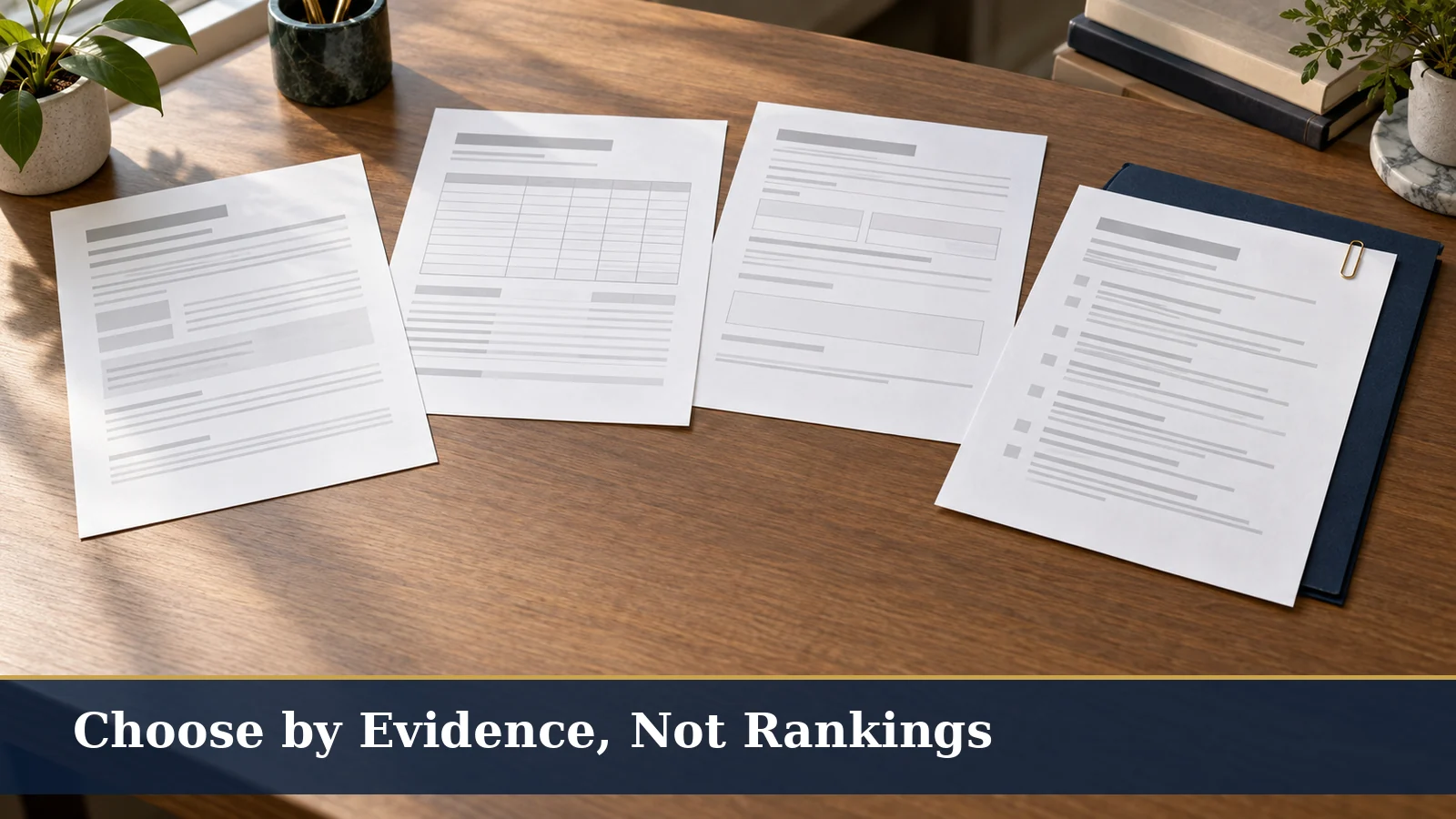 A clean office desk holds an unbranded custodial agreement, fee schedule, transfer form and printed official-list excerpt arranged side by side for comparison. The documents contain no readable company names, fees, account numbers or logos. Soft natural light falls across paper-white sheets with deep navy folders and a restrained gold accent, creating a calm documentary scene focused on evidence and paperwork rather than rankings or promotional imagery.