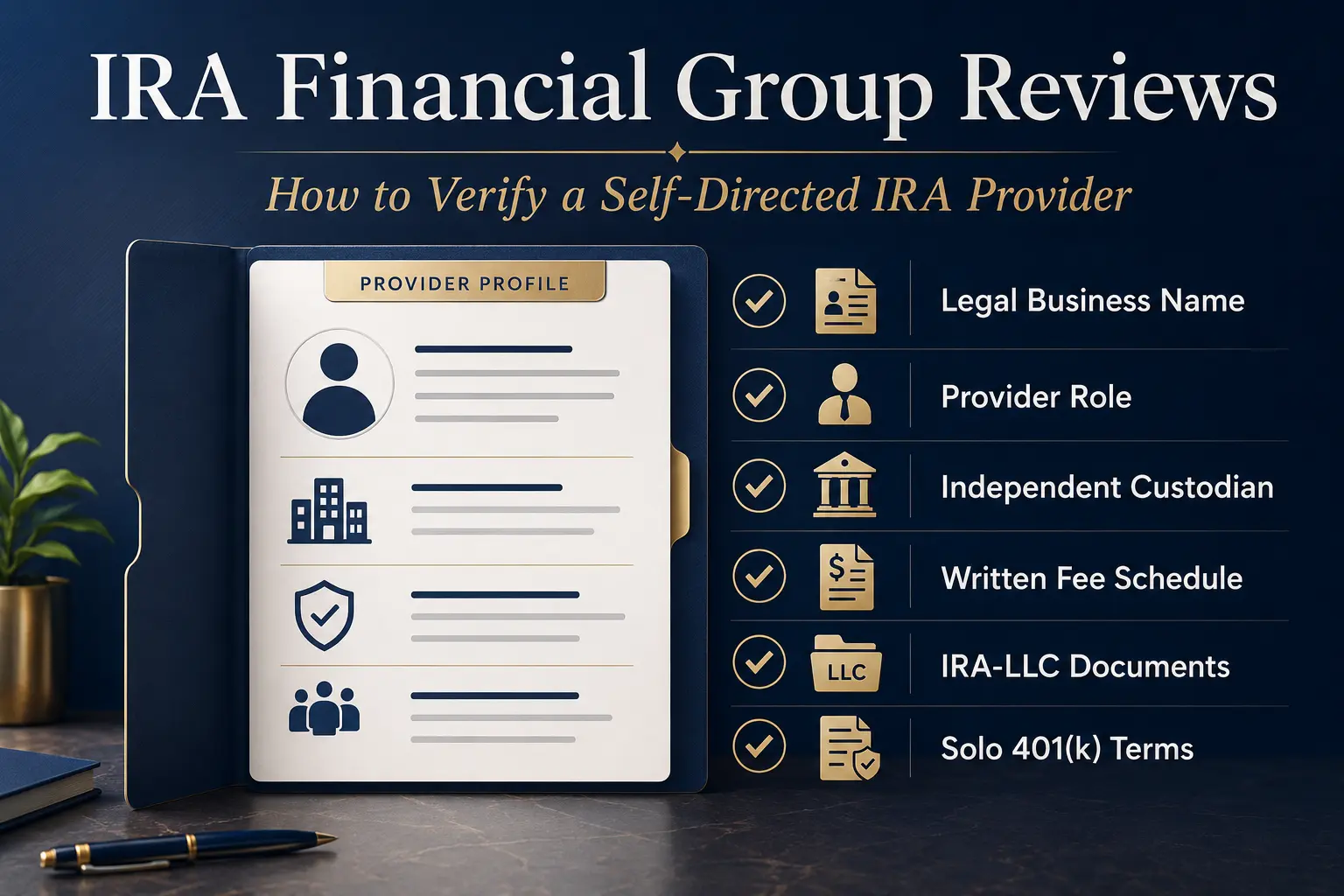 IRA Financial Group reviews: how to verify a self-directed IRA provider — a provider profile under review beside a verification checklist