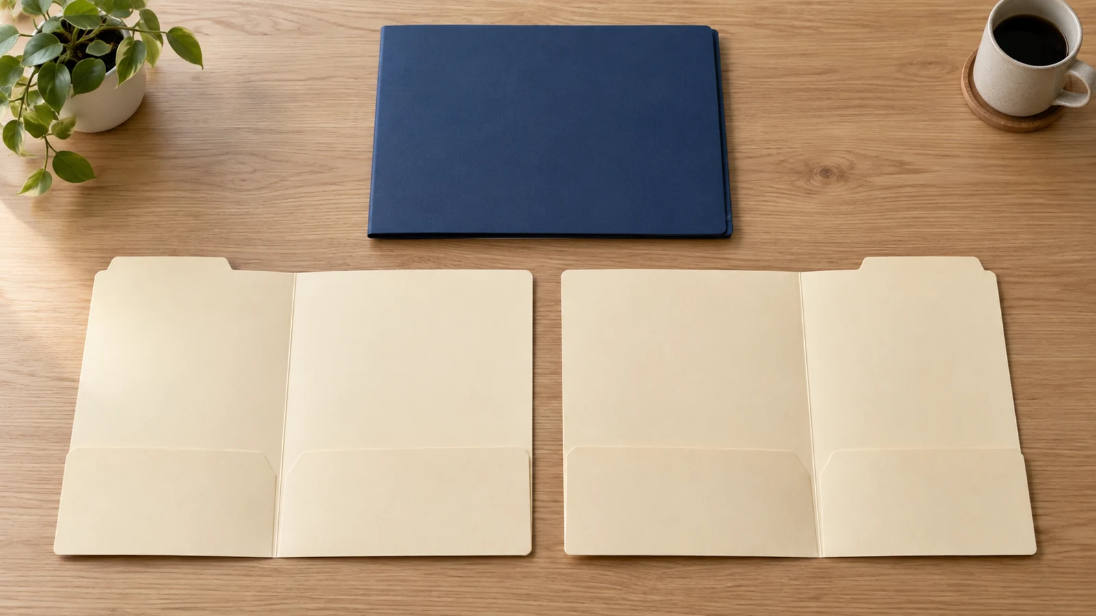 Neutral editorial still life on a plain oak desk showing one closed unbranded navy document folder positioned above two separate empty open folders, representing a single retirement account interest being divided into two separately owned accounts. The composition is calm and procedural, with no people, wedding imagery, conflict symbols, company names, logos, readable text, figures or dates, keeping attention on transfer mechanics rather than the personal dispute.