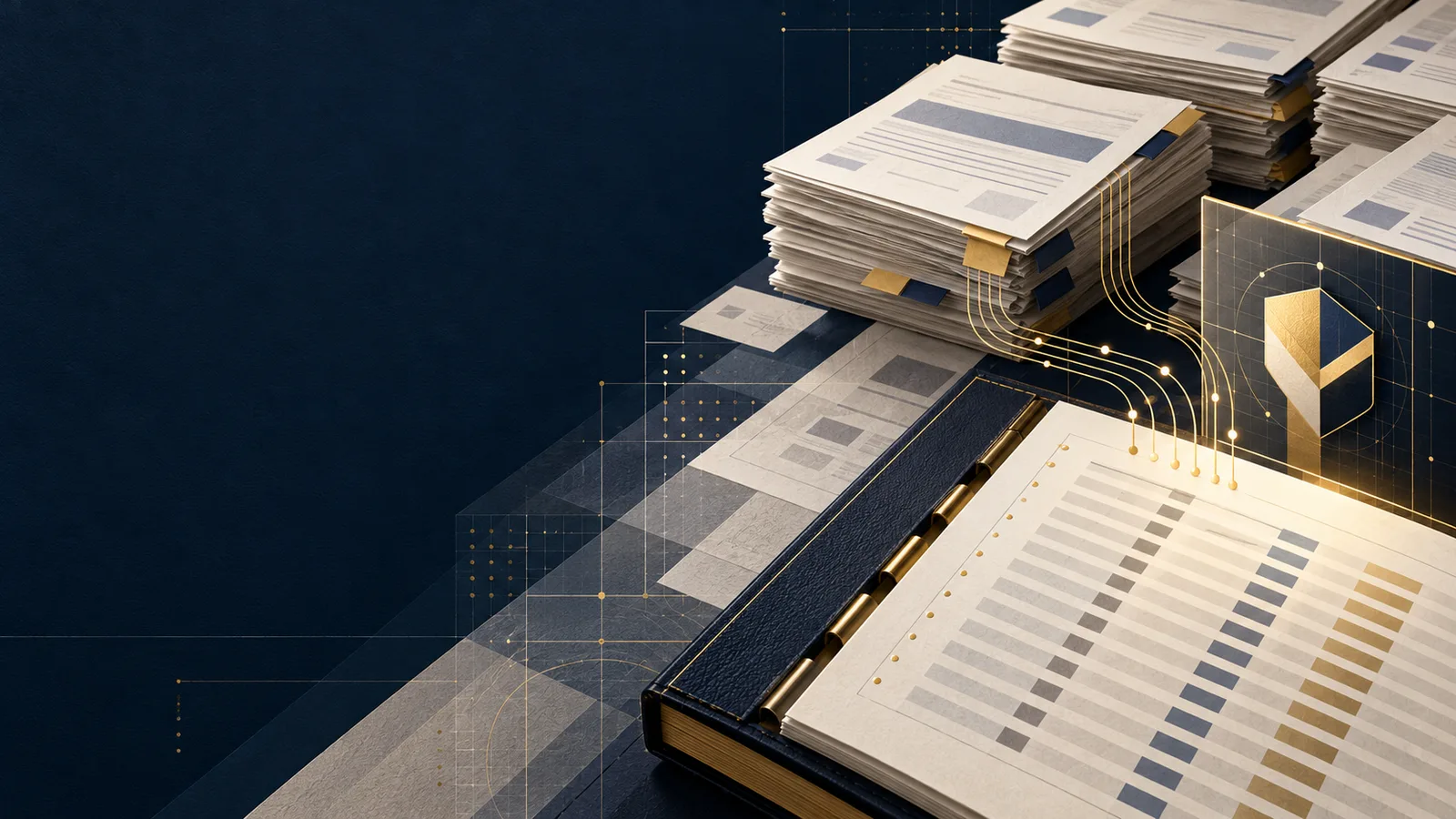 An editorial illustration of a quiet retirement-plan administration workspace: unmarked paper forms, a desk calendar, a calculator, filing folders, and soft late-afternoon light. The scene suggests careful record review and reporting, with no readable text, logos, people, or statistics.