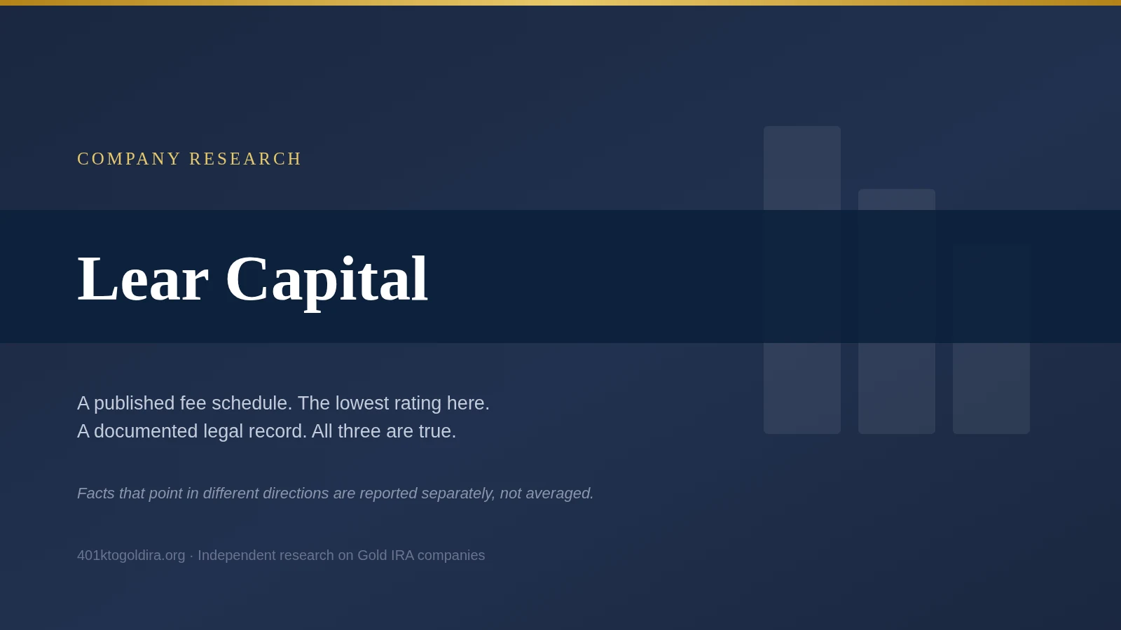 Lear Capital company research: the company publishes a full Gold IRA fee schedule which most competitors do not, carries the lowest BBB rating in this comparison at B minus, and has a documented legal record including a New York Attorney General action, a multi-state regulatory resolution and a Chapter 11 filing, three facts that point in different directions and are reported separately rather than averaged into a verdict
