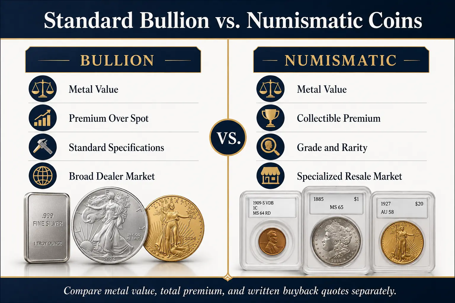 Standard bullion vs numismatic coins: bullion valued on metal value, premium over spot, standard specifications, and a broad dealer market; numismatic on metal value, collectible premium, grade and rarity, and a specialized resale market