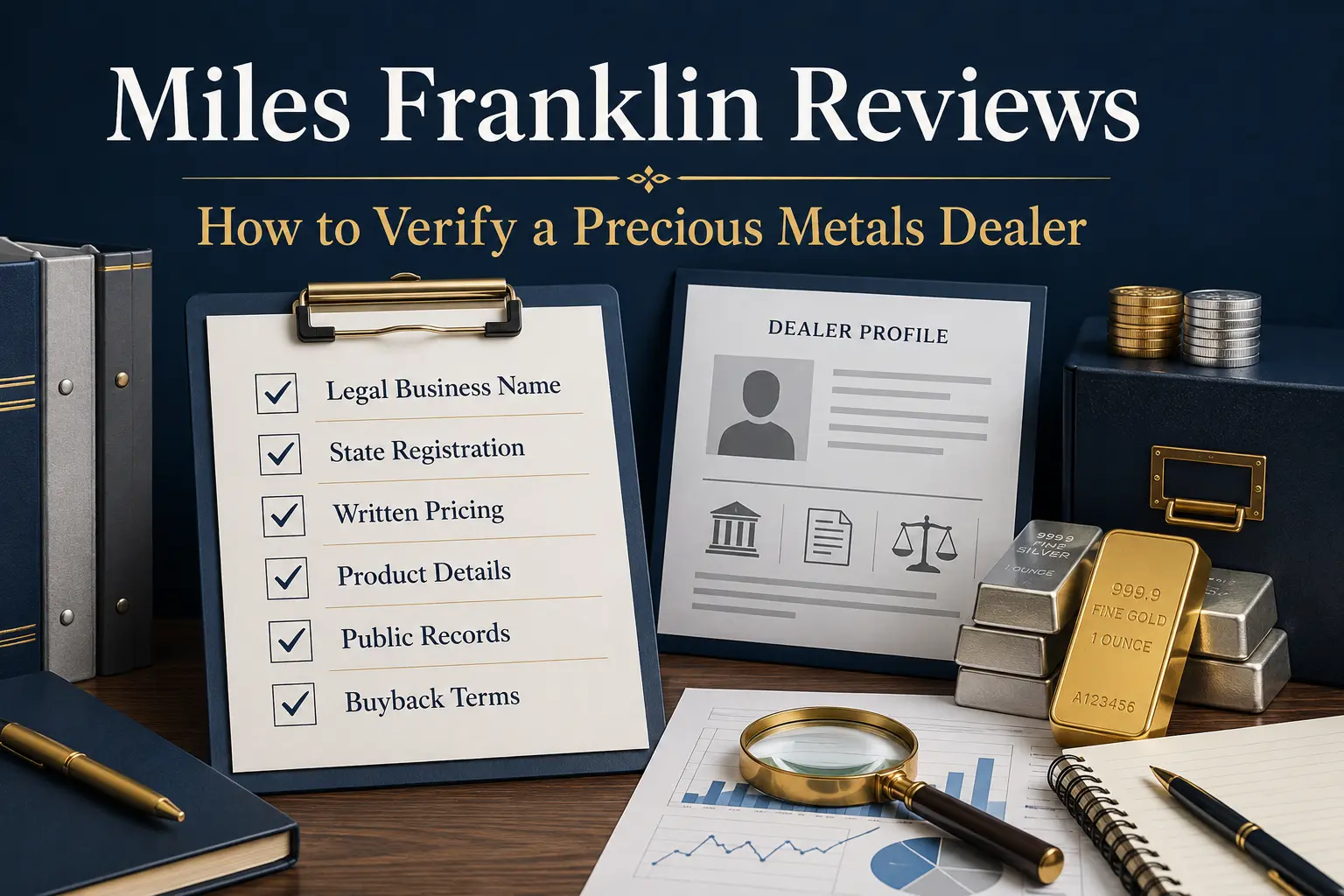 Miles Franklin reviews: how to verify a precious metals dealer — a dealer profile under review beside a verification checklist