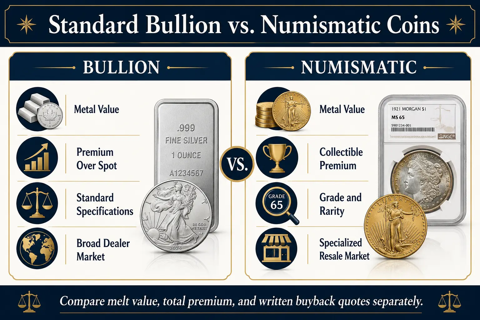 Standard bullion vs numismatic coins: metal value, premium over spot, and market breadth compared with collectible premium, grade, rarity, and specialized resale market