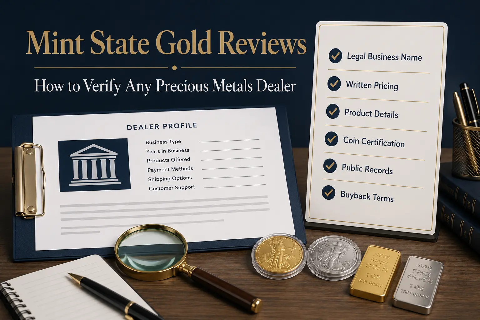 Mint State Gold reviews: how to verify any precious metals dealer — a dealer profile under review beside a verification checklist