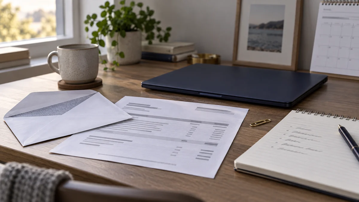 A calm home-office desk is shown from slightly above with an opened envelope, a bank-style statement, a closed laptop and an illegible handwritten notepad. A wall calendar at the edge of the frame has already been turned to a later page, suggesting that a deadline has passed. Soft late-afternoon light and restrained navy, grey and paper tones keep the scene factual rather than urgent.