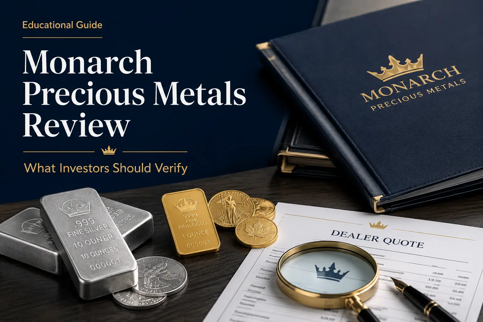 Monarch Precious Metals review: what investors should verify — bullion bars, a dealer quote, a business-record folder, and a magnifying glass