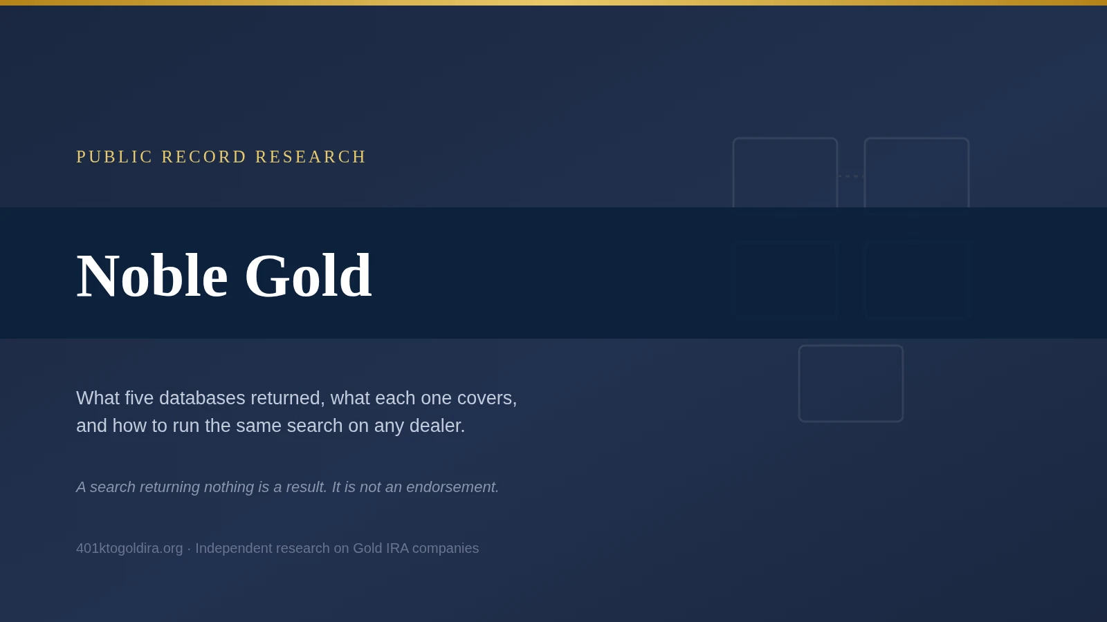 Noble Gold public record research: an illustration of five separate jurisdiction boxes representing federal courts, state courts, federal regulators, state regulators and BBB complaint records, with deliberate dashed gaps drawn between them to represent the private arbitration, confidential investigations and unfiled disputes that no public search can reach, alongside the observation that a search returning nothing is a result rather than an endorsement