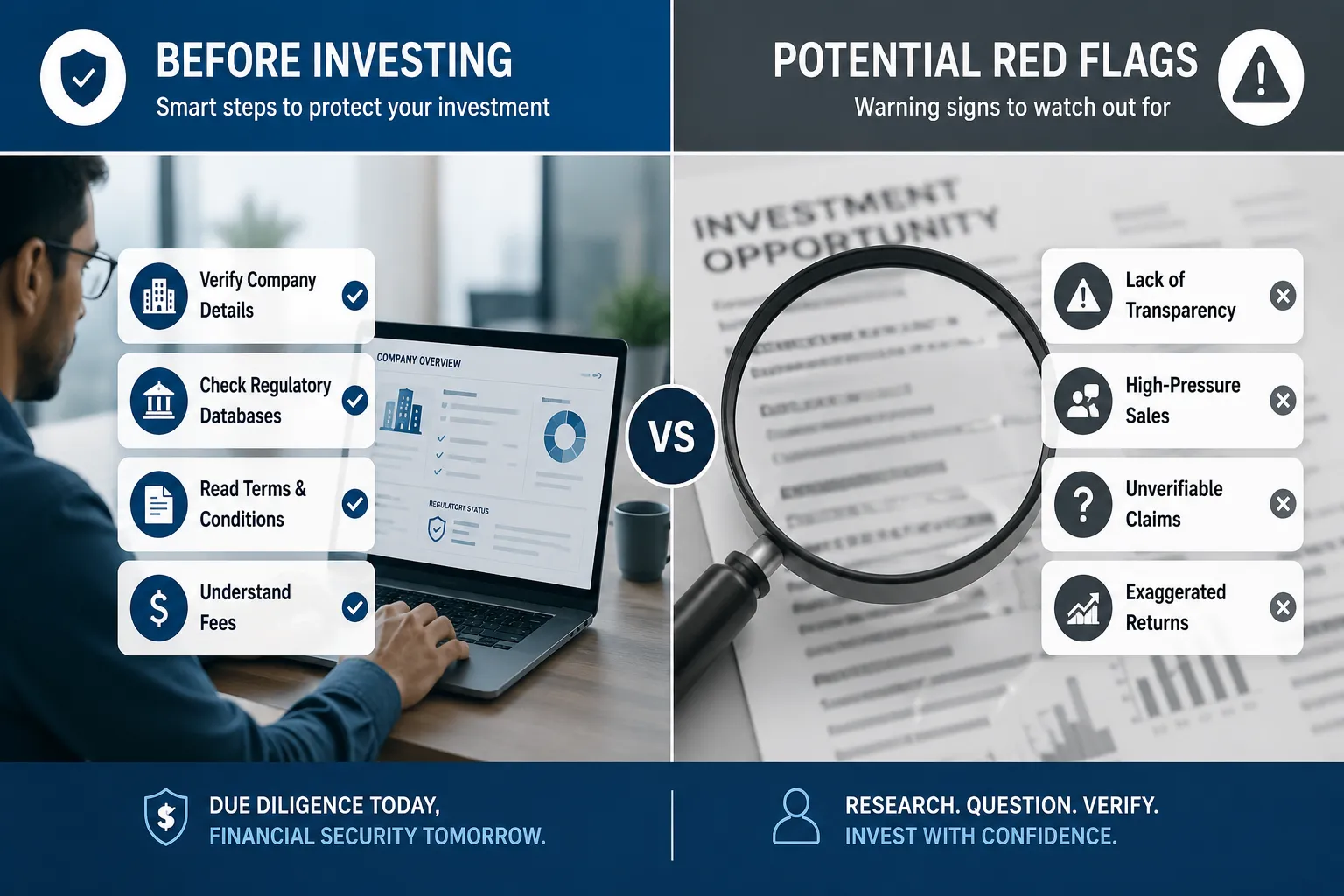 Comparison chart of due diligence steps for researching a precious metals company, covering the exact legal entity name, federal court records, state court indexes, federal regulator databases, state regulators and attorneys general, and the BBB profile, with what each source can and cannot establish