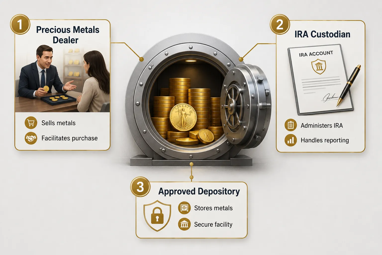 Diagram of the separate roles in a gold IRA: the dealer that sells the metal, the custodian or trustee that administers the account, and the depository that stores it, showing that each is a different company with different regulators and that a search of one does not answer questions about the others