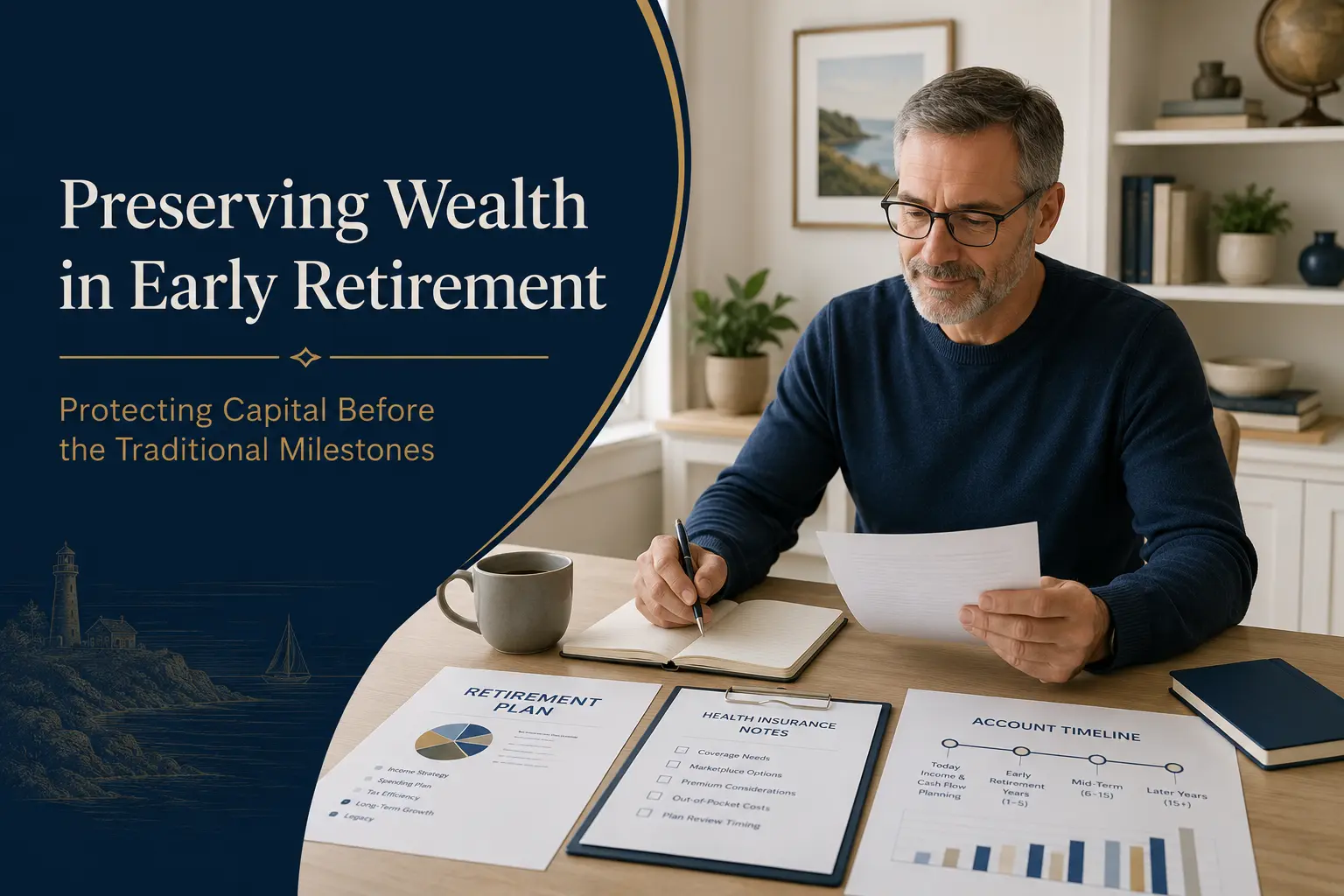 An early retiree in their 50s at a home-office table reviewing a retirement plan, health-insurance notes, and an account timeline, appearing calm and focused