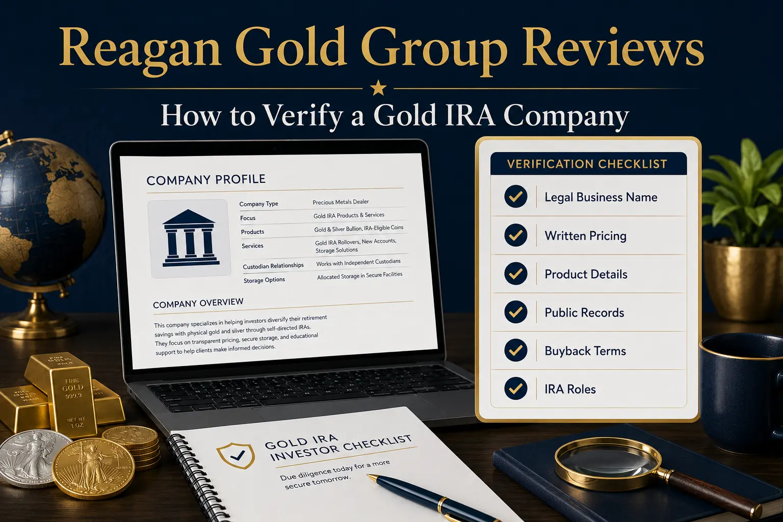 Reagan Gold Group reviews: how to verify a Gold IRA company — a company profile under review beside a verification checklist